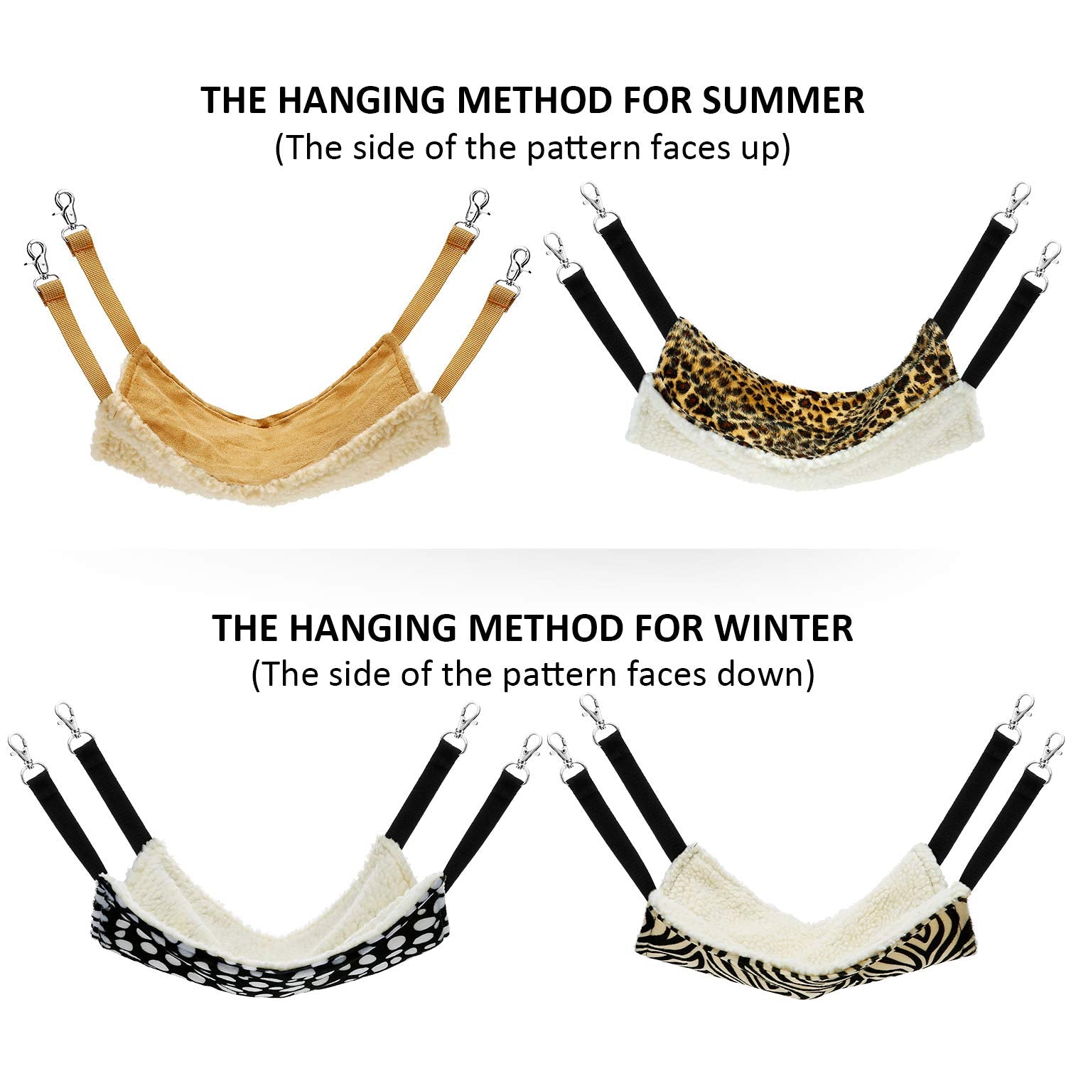 4 Pieces Rat Hammock Ferret Hammock Rat Toys Guinea Pig Cage Hammock Rat Hammock For Cage Rat Cage Accessories(Leopard, Zebra, Black And White Dots, Camel)