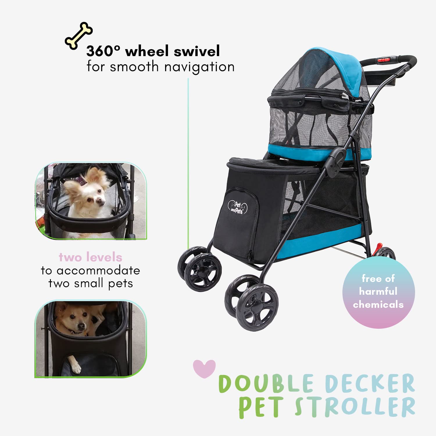 PETIQUE Double Decker Pet Stroller - Black, Dual Bassinets, Lightweight, Removable Pee Pads, Adjustable Leashes for Small/Medium Pets