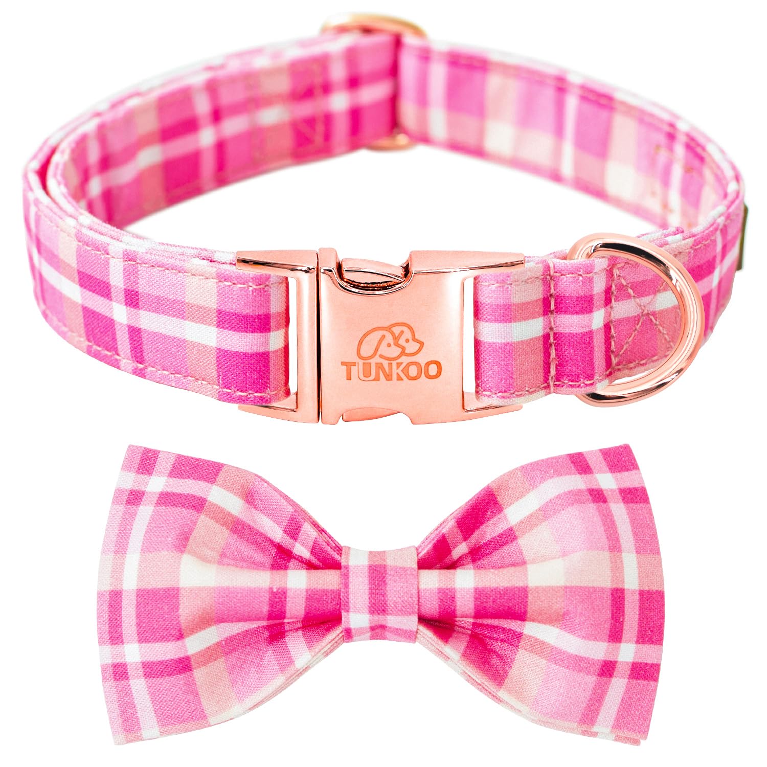 Tunkoo Dog Collar Super Cute Pink Plaid With Bow Tie - Durable Adjustable And Stylish Cotton Pet Collar For Girls Small Medium L