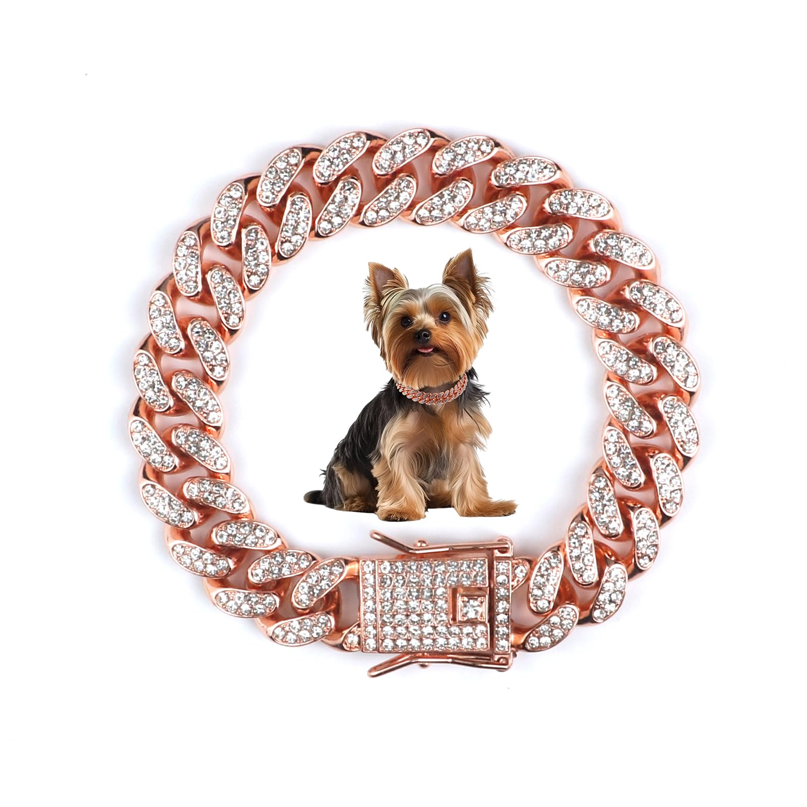 Cuban Dog Chain Collars, Rose Gold Crystal Pet Necklace, Metal Pet Necklace With Safety Buckle Lock, For Small Medium Large Dogs