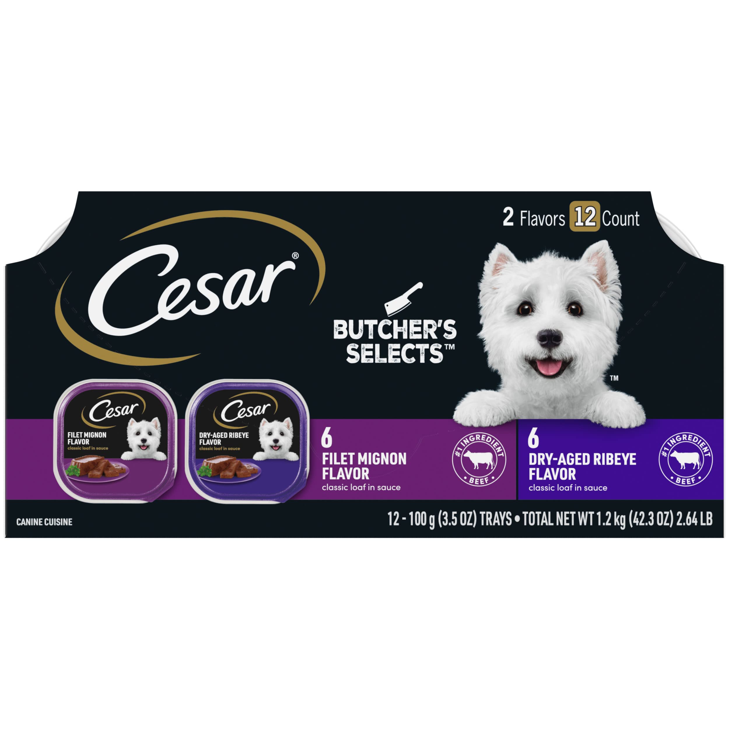 Cesar Wet Dog Food Classic Loaf in Sauce Butchers Selects Variety Pack, Dry-Aged Ribeye Flavor and Filet Mignon Flavor, 3.5 oz.