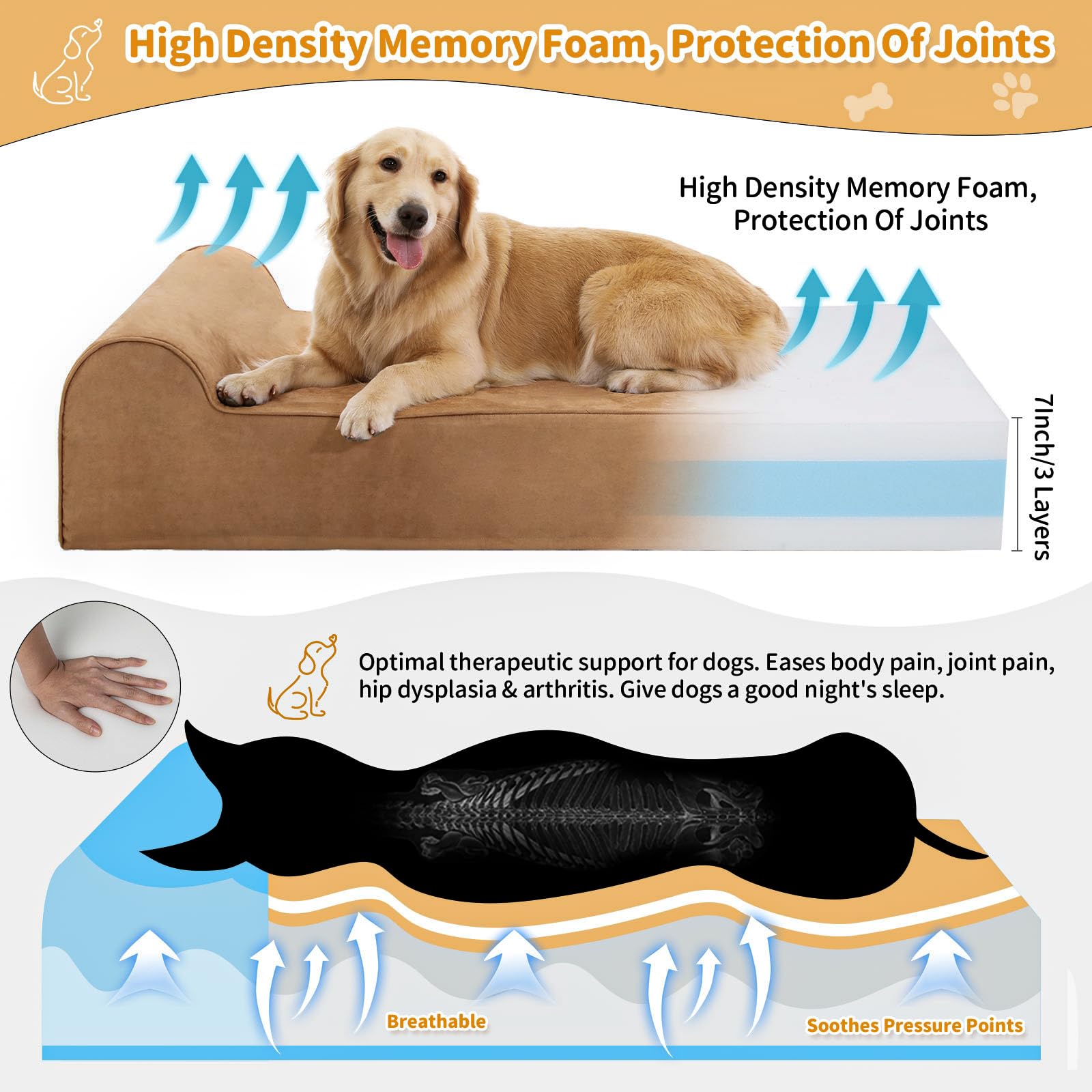 Rainmr XL Khaki Orthopedic Dog Bed - 52"x36"x7" Memory Foam, Waterproof Liner, Durable Microsuede, Removable Cover, Nonskid Bottom