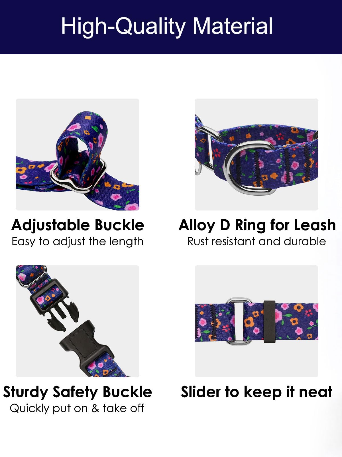 Joocpup Martingale Dog Collar With Tag Ring - Adjustable Soft Nylon No-Slip Design For Small, Medium & Large Dogs, Blue Flower L