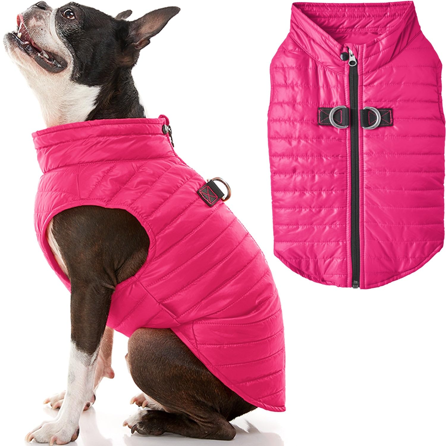 Gooby Puffer Vest Dog Jacket - Pink, Large - Ultra Thin Zip Up Wind Breaker With Dual D Ring Leash - Water Resistant Small Dog S