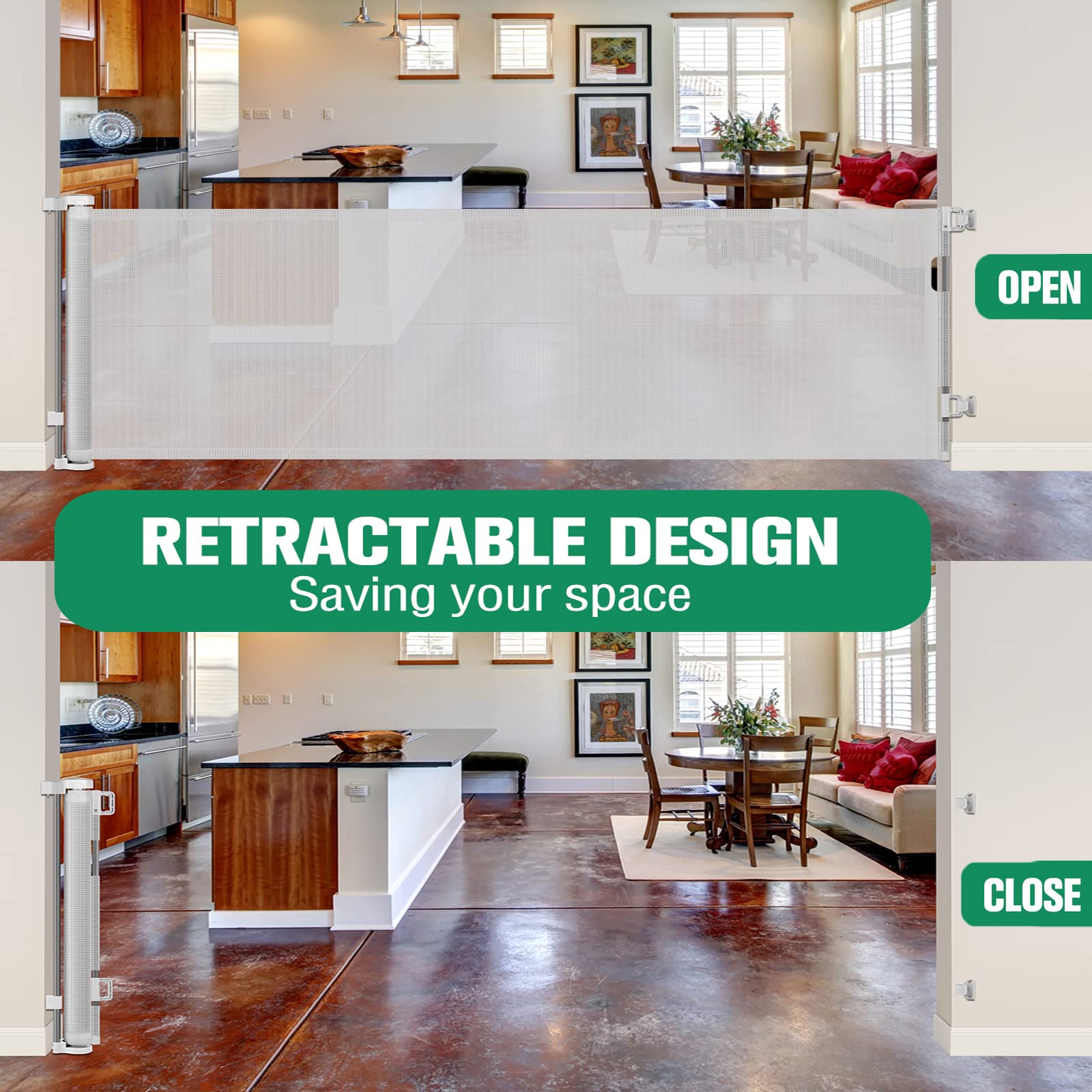 110 Inch Retractable Baby Gates For Large Openings Retractable Dog Gate Outdoor Retractable Gate Mesh Baby Gate Retractable Gates For Dogs Indoor Extra Long Baby Gate For Stairs, Doorways, Light Gray