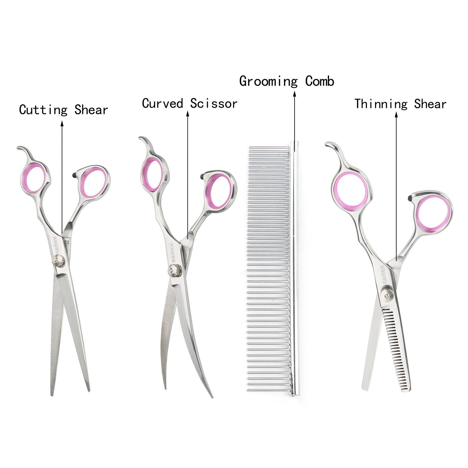 Gemek Pet Cat Dog Grooming Scissors Set 4 Pieces Stainless Steel Professional Pet Trimmer Kit - 7.5 Inch Straight Cutting Scissors, Thinning Shears, Curved Scissors, Grooming Combs