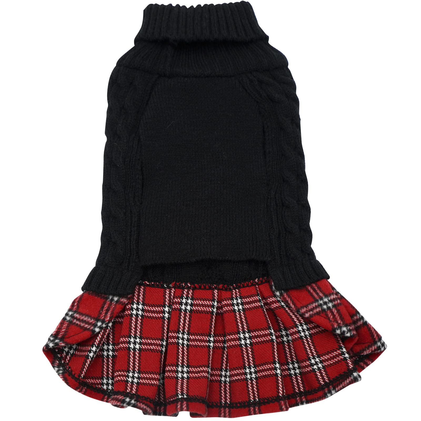 Kyeese Dog Sweater Dress With Leash Hole For Small Dogs With Bowtie Buffalo Check Red Turtleneck Dog Pullover Knitwear Puppy Cat Sweater Black