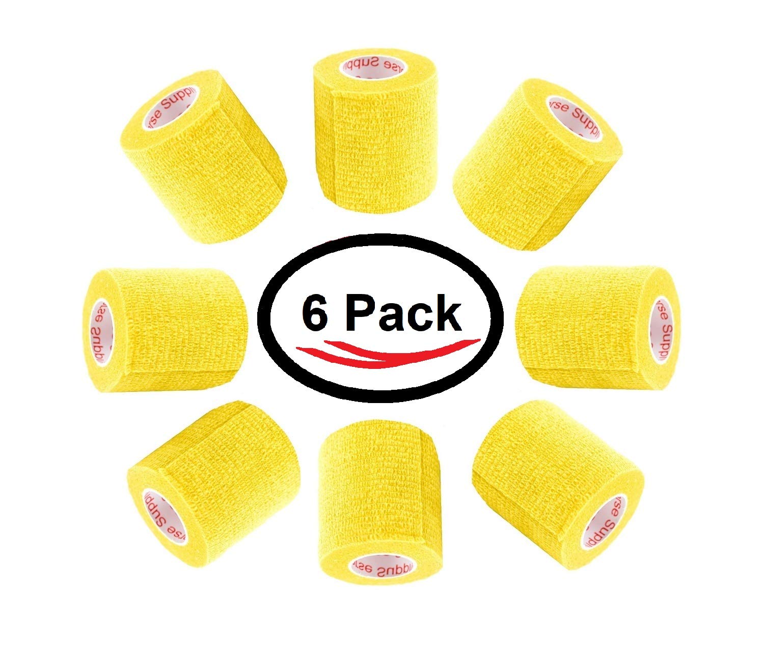 2 Inch Vet Wrap Tape Bulk (Yellow) (Pack of 6) Self Adhesive Adherent Adhering Flex Bandage Grip Roll for Dog Cat Pet Horse