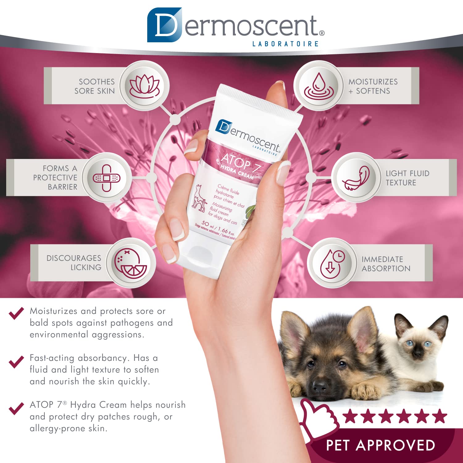 Dermoscent ATOP 7 Hydra Cream for Dogs & Cats for Dry & Allergy-Prone Skin Relief - Veterinarian Dermatologist Formulated - 50 m