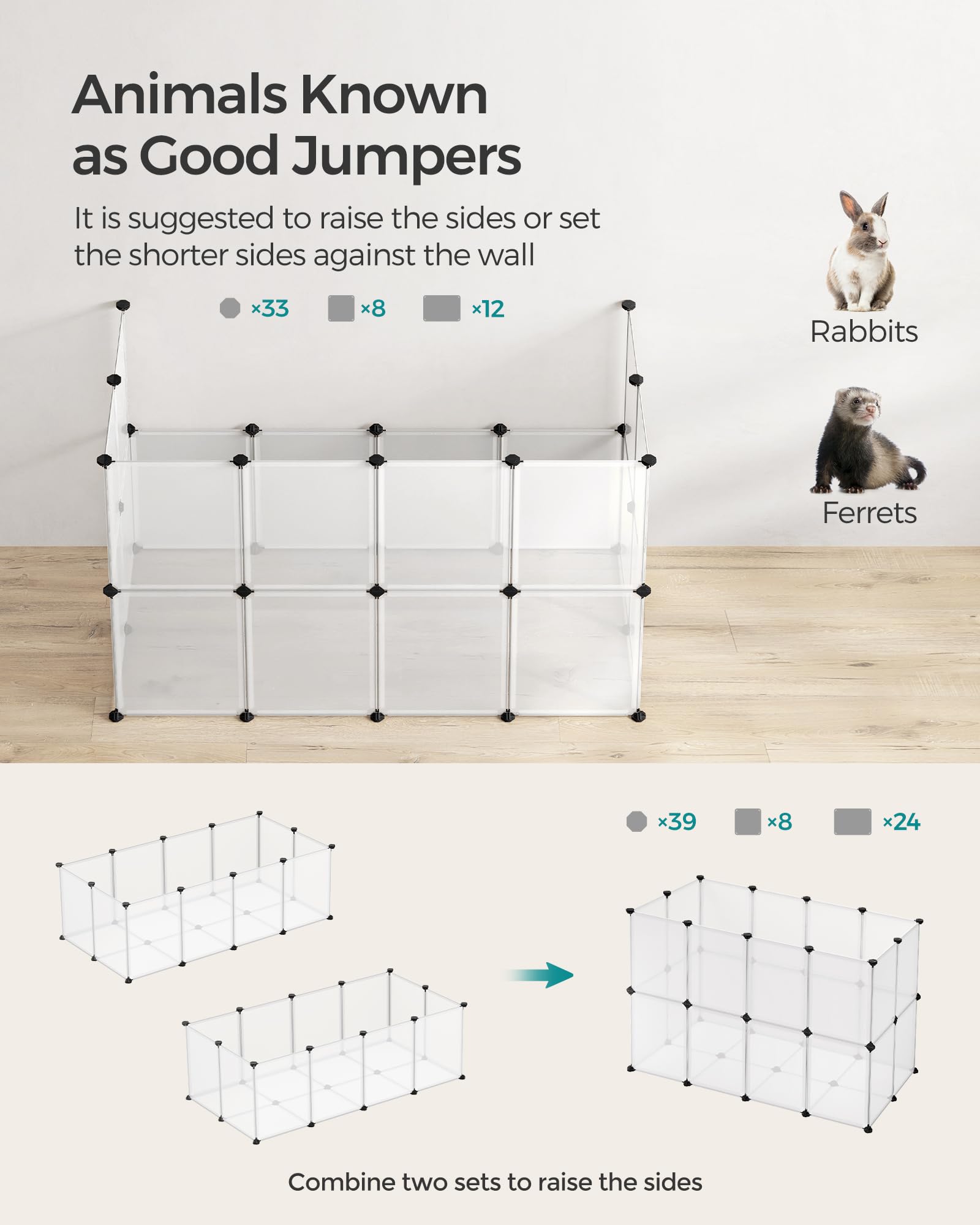 Songmics Pet Playpen With Floor, Small Animal Pen, Pet Fence Indoor, Diy Plastic Enclosure For Hamsters, Rabbits, Hedgehogs, Ferrets, 56.3 X 28.7 X 18.1 Inches, White Ulpc02W