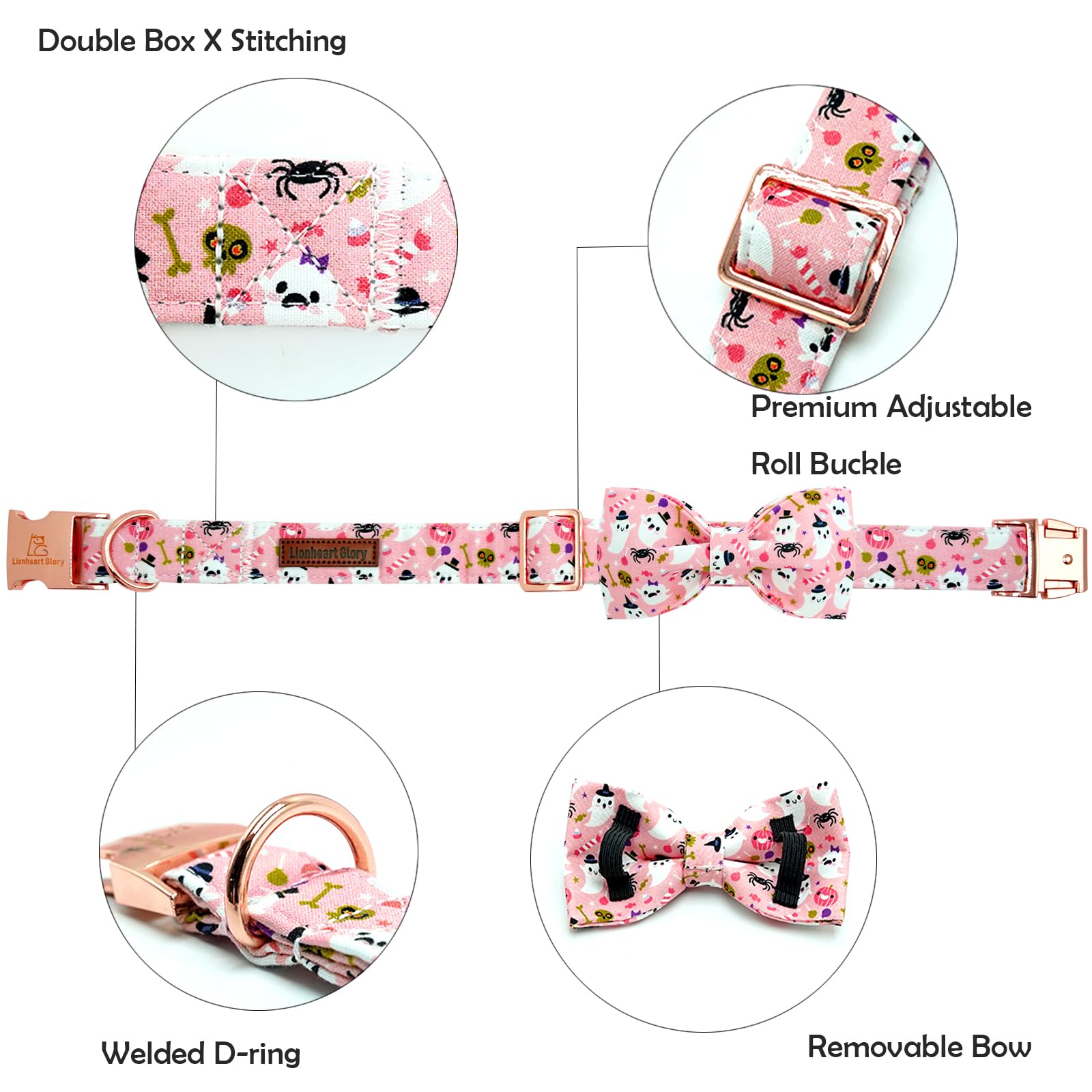 Lionheart Glory Halloween Dog Collar Bowtie - Heavy Duty Adjustable Fall Holiday Collar For Large Dogs - Bow For Female Or Male