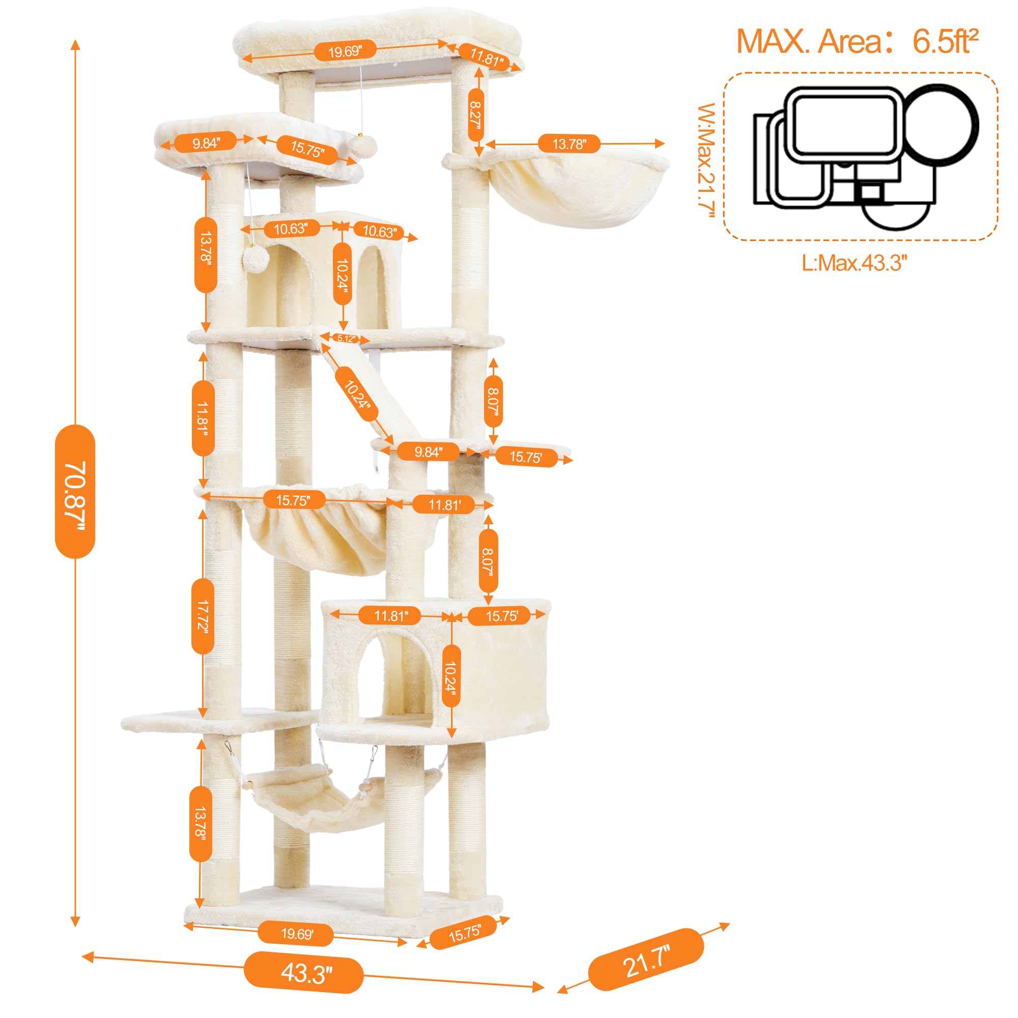 Heybly Cat Tree - 71-Inch Beige Tower with 2 Perches, 2 Condos, Hammocks, Scratching Pad, Engineered Wood, Model HCT034M