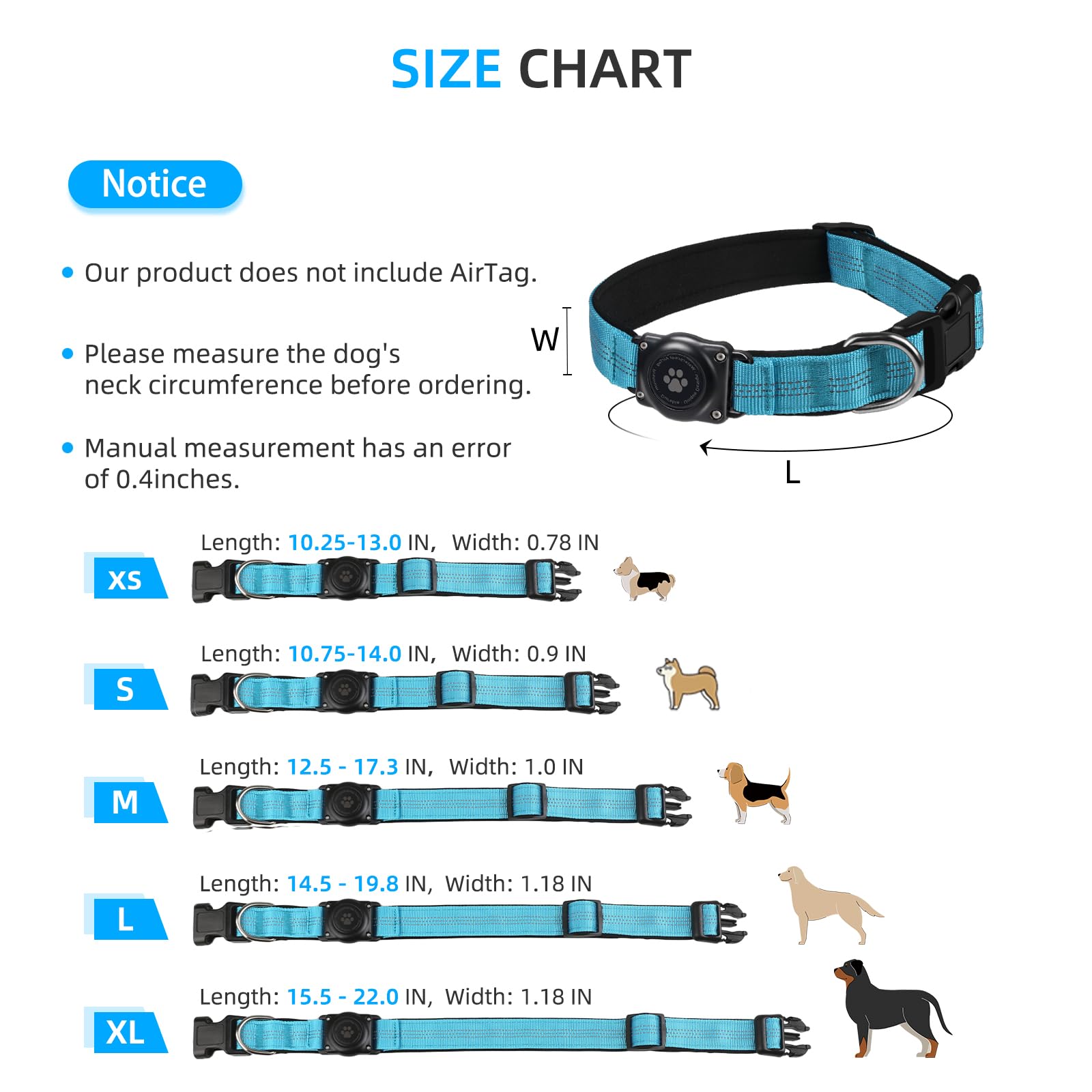 Upgraded Airtag Collar, Ip68 Waterproof Holder, Reflective, Ultra-Durable, Comfortable Padded, Heavy Duty For Small To Large Dogs (Xs (10.25'-13'), Blue)