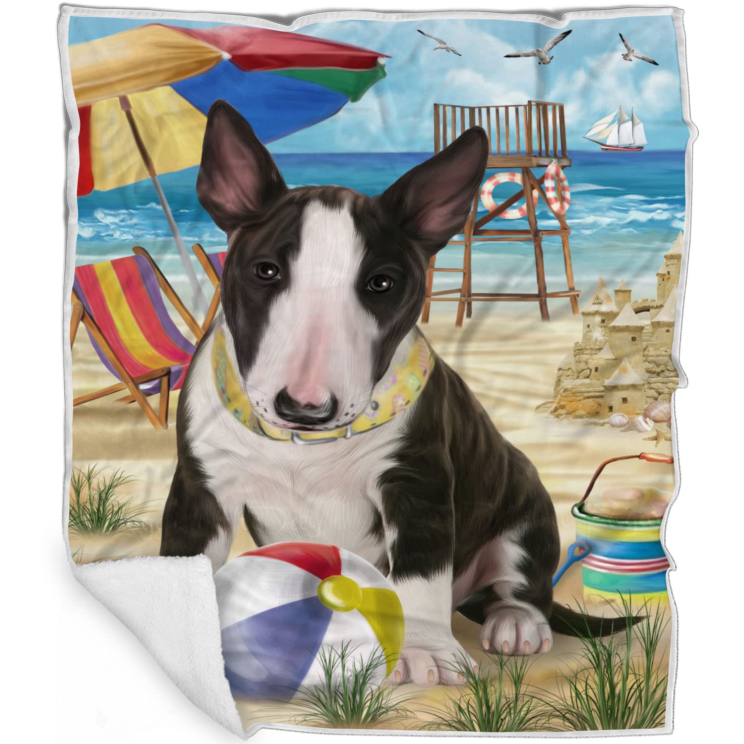 Pet Friendly Beach Bull Terrier Dog Blanket  Lightweight Super Soft Cozy and Durable Bed Blanket  Animal Theme Fuzzy Blanket f