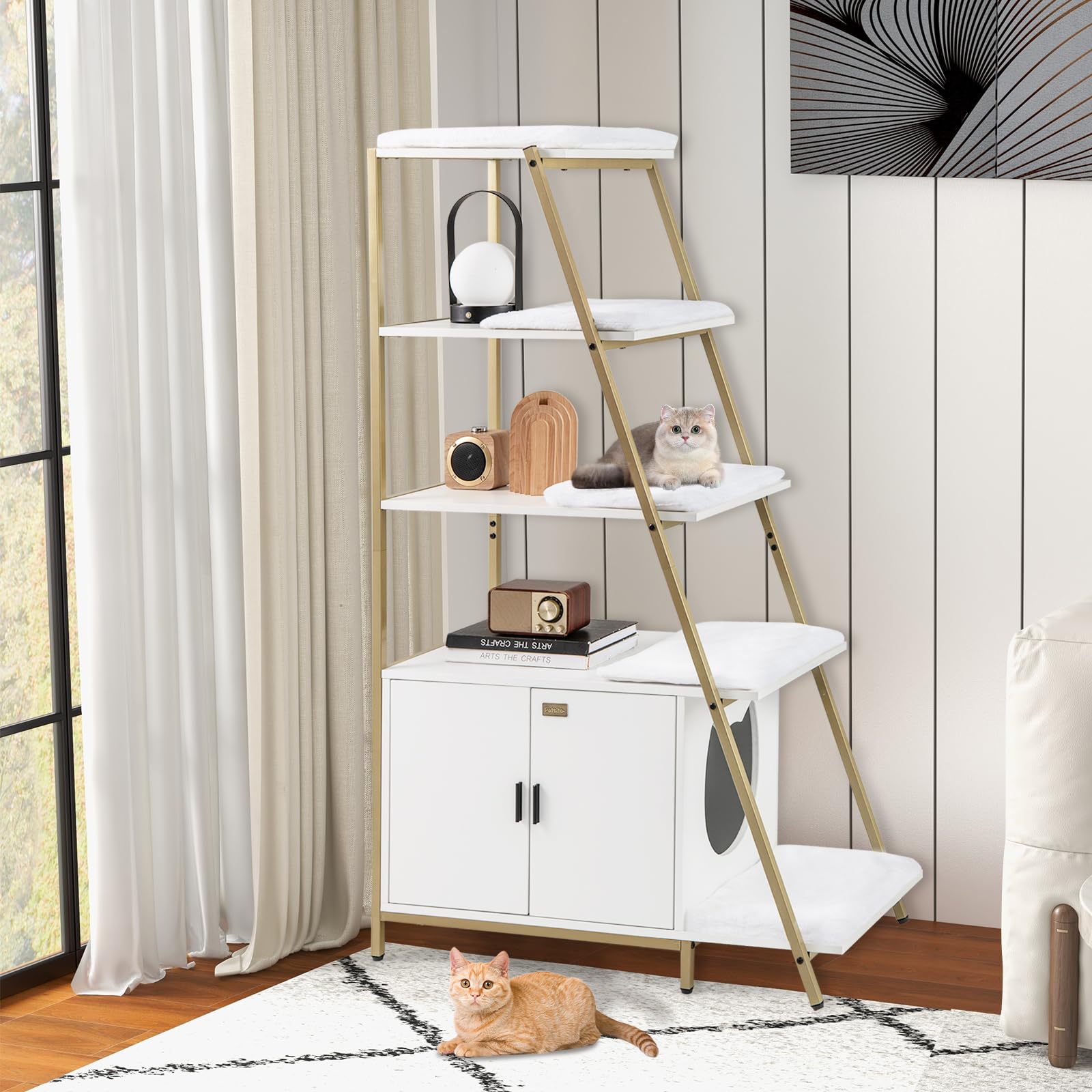 Petsite Cat Litter Box Furniture With 3-Tier Ladder Shelves And Doors, 59 Inch Cat Box Enclosure With Removable Plush Mats, Indo