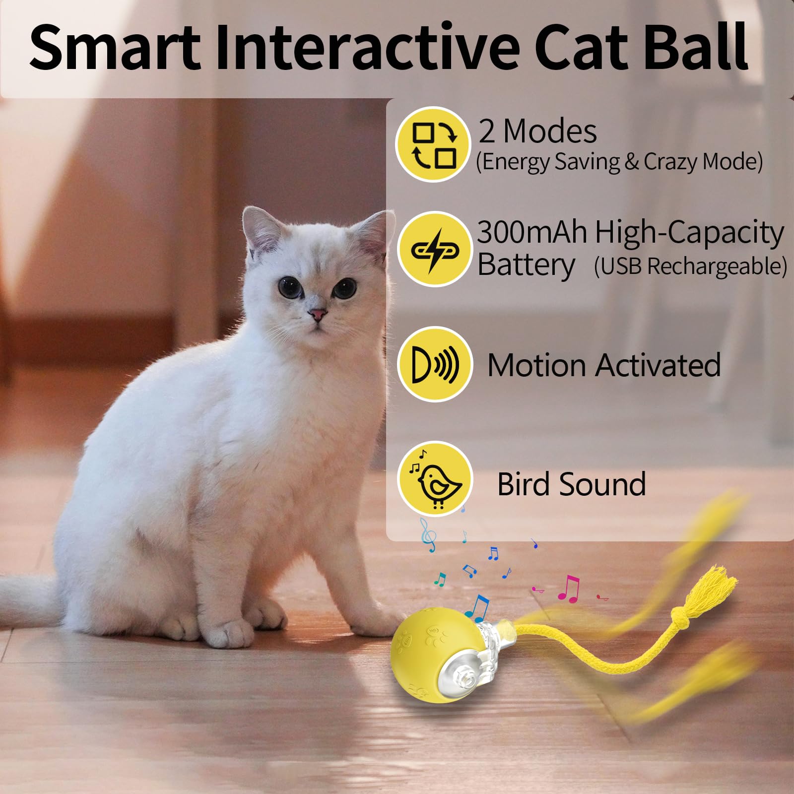 Interactive Cat Toys Ball, Automatic Moving Cat Toys for Bored Indoor Adult Cats, Fast Rolling, Chirping & Motion-Activated Cat