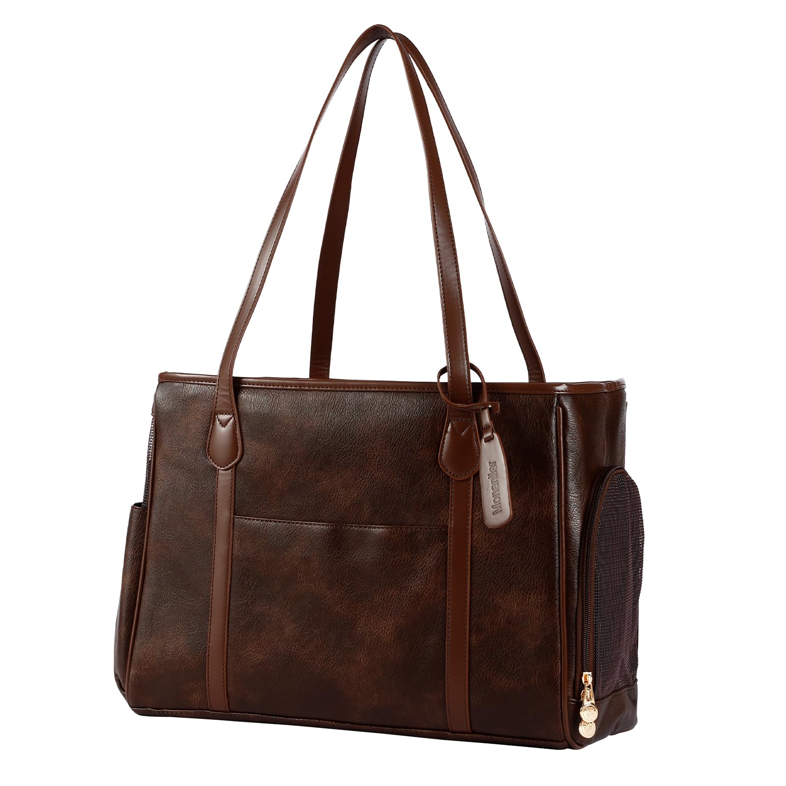 Monanller Stylish Dog Purse Carrier, Leather Pet Carrier Bag For Small Dogs Cats Puppy, Airline Approved Soft-Sided Carrier Coff