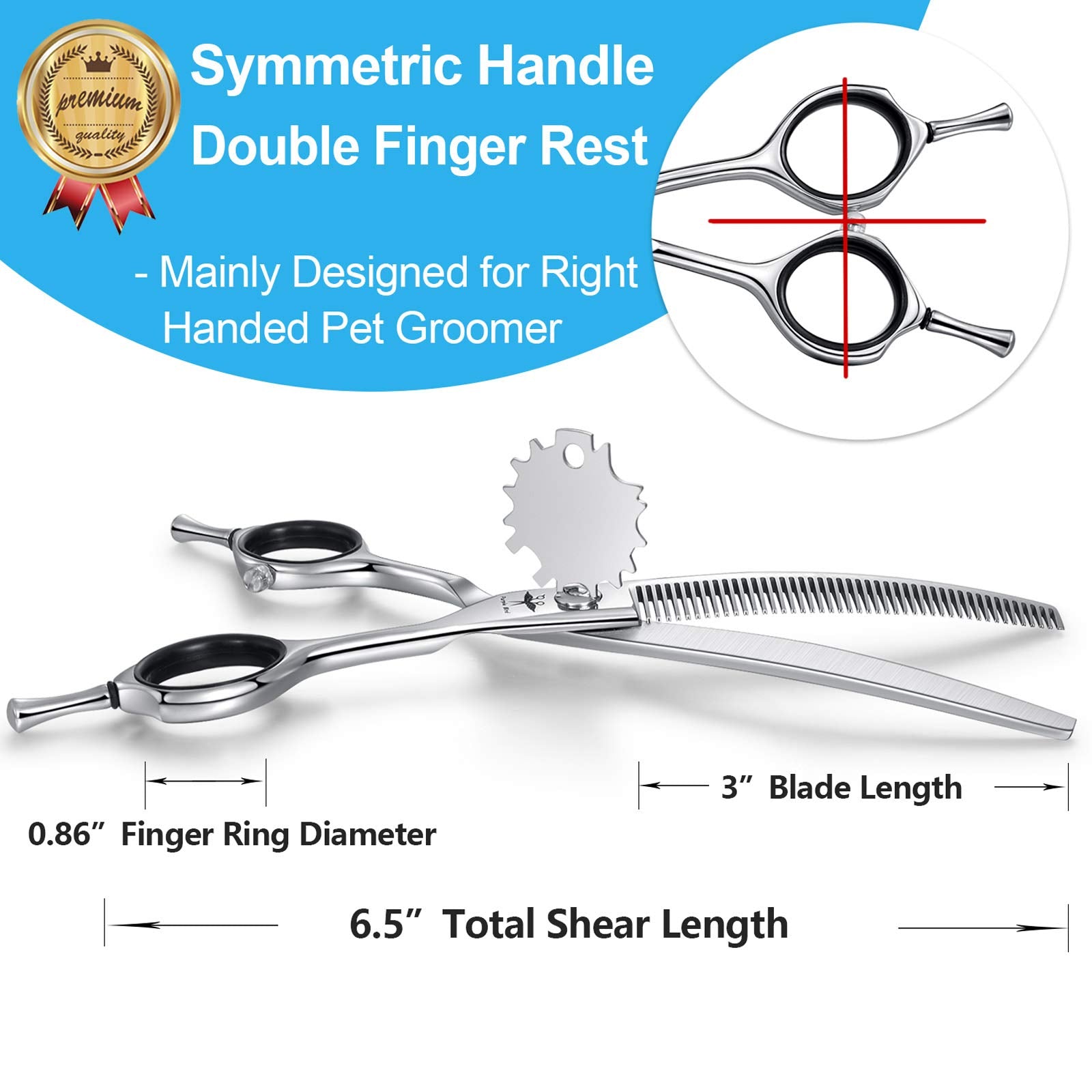 6.5 Inch Downward Curved Dog Grooming Scissors Pet Thinning Texturizing Shears Professional Safety Blunt Tip Trimming Shearing For Dogs Cats Face Paws Limbs Japanese Stainless Steel Silver