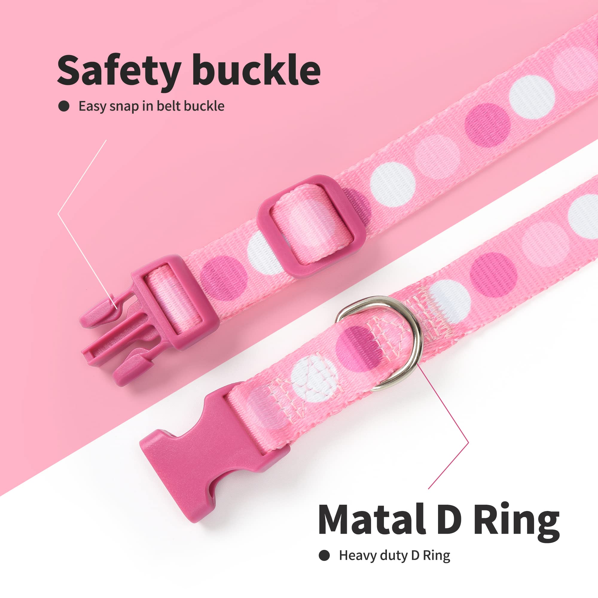 Mile High Life Dog Collar | Cute Puppy Collars | Lightweight Girl Dog Collar | Soft Boy Dog Collars | W Geometric Plaid Wave Line Pattern (Pink Big Dots, Large)