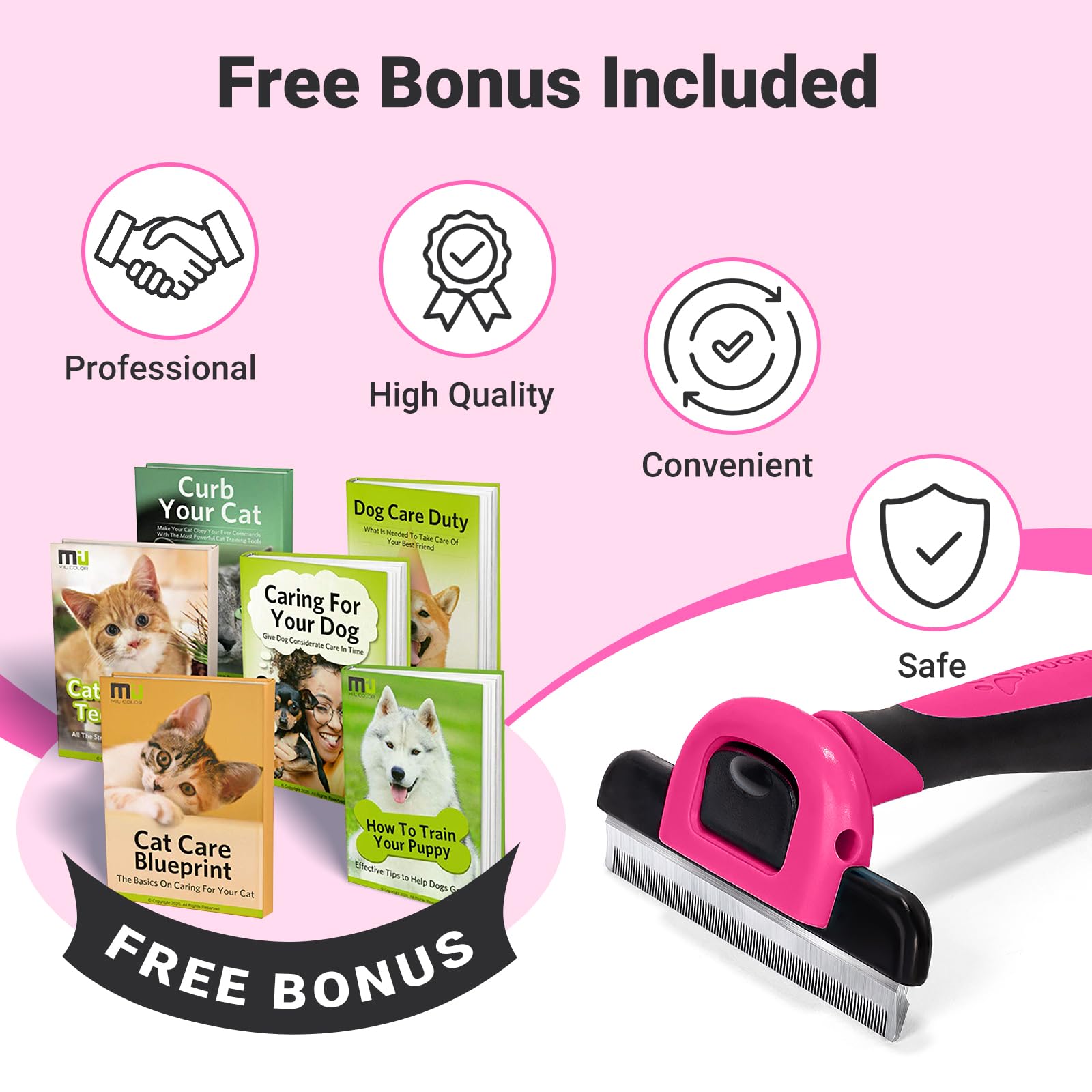 Miu Color Pet Grooming Brush, Deshedding Tool For Dogs & Cats, Effectively Reduces Shedding By Up To 95% For Short Medium And Long Pet Hair, Hot Pink