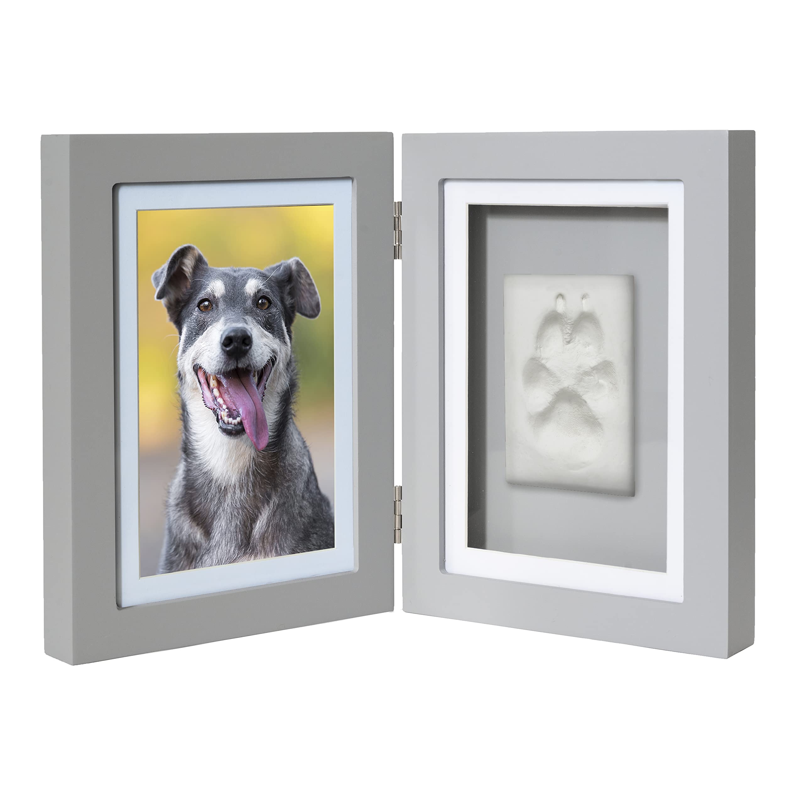 Better World Pets Paw Print + Photo Keepsake Frame Holds 4 X 6 Inch Or 5 X 7 Picture – Memorial Clay Imprint Kit – For Dogs And Cats – Perfect For Pet Lovers – Hinged For Desktop, Grey