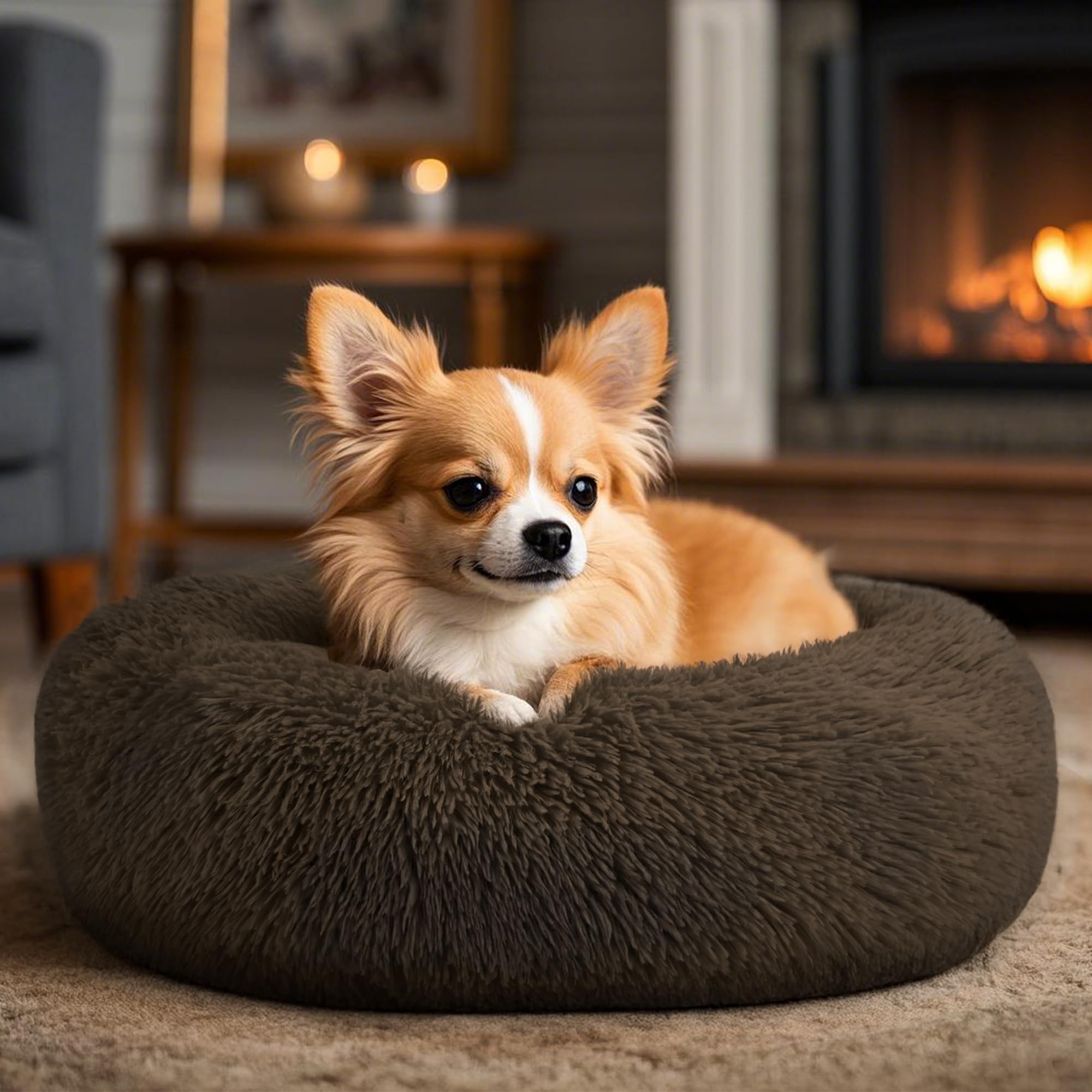 Dogs Bed for Small Dogs, Anti-Anxiety Washable Round Bed (Coffee, 24.0 L x 24.0 W x 8.0 Th)