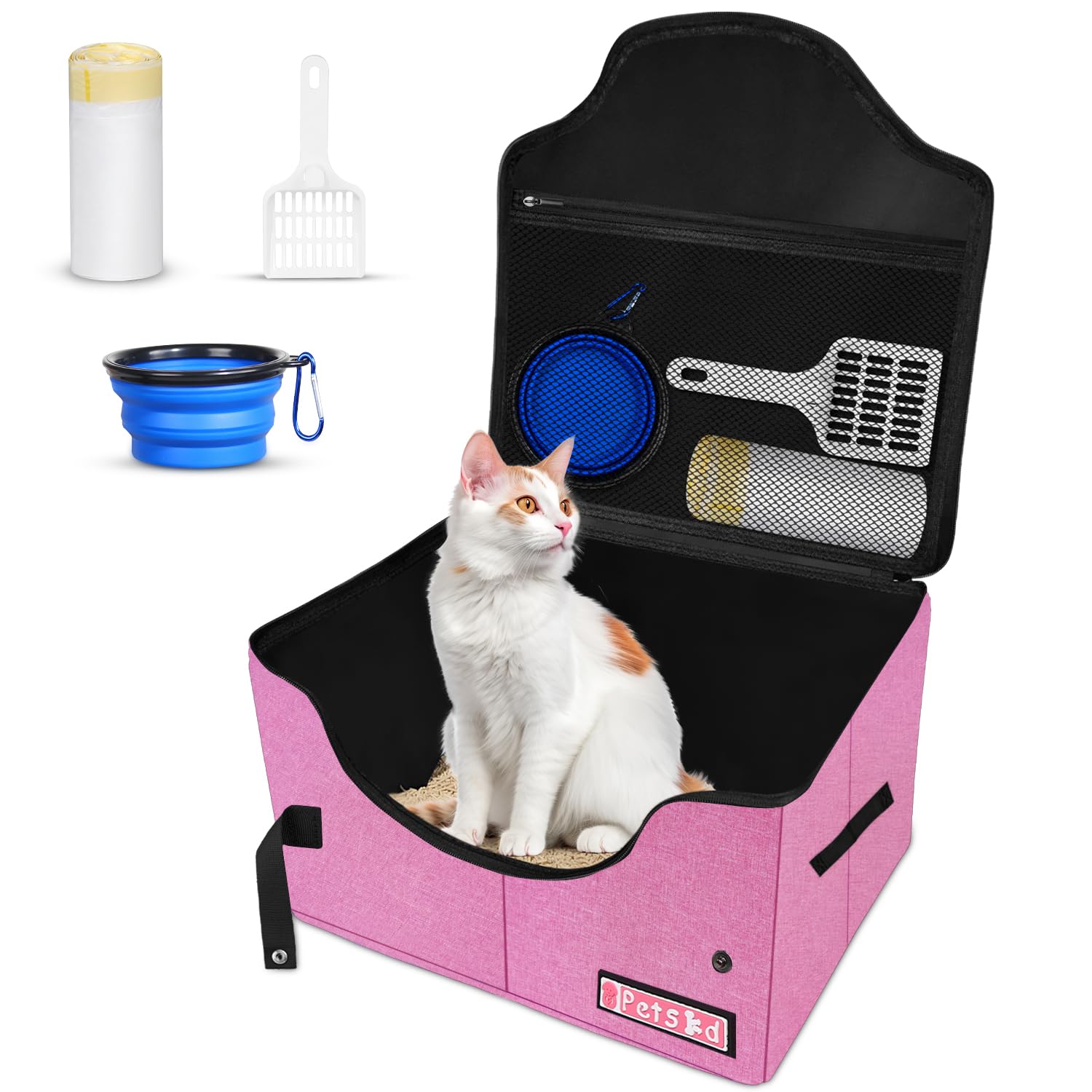 Petskd Portable Travel Litter Box for Cats with Lid and 10 pcs Liner Bags, Light Weight, Leak-Proof and Higher Sides for Road Tr