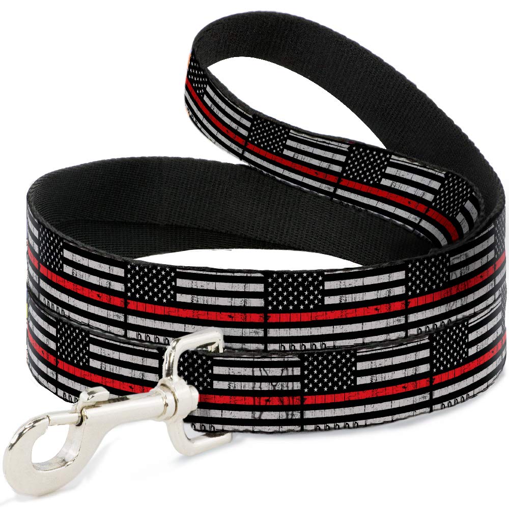 Buckle-Down Dog Leash Thin Red Line Flag Weathered Black Gray Red 4 Feet Long 0.5 Inch Wide