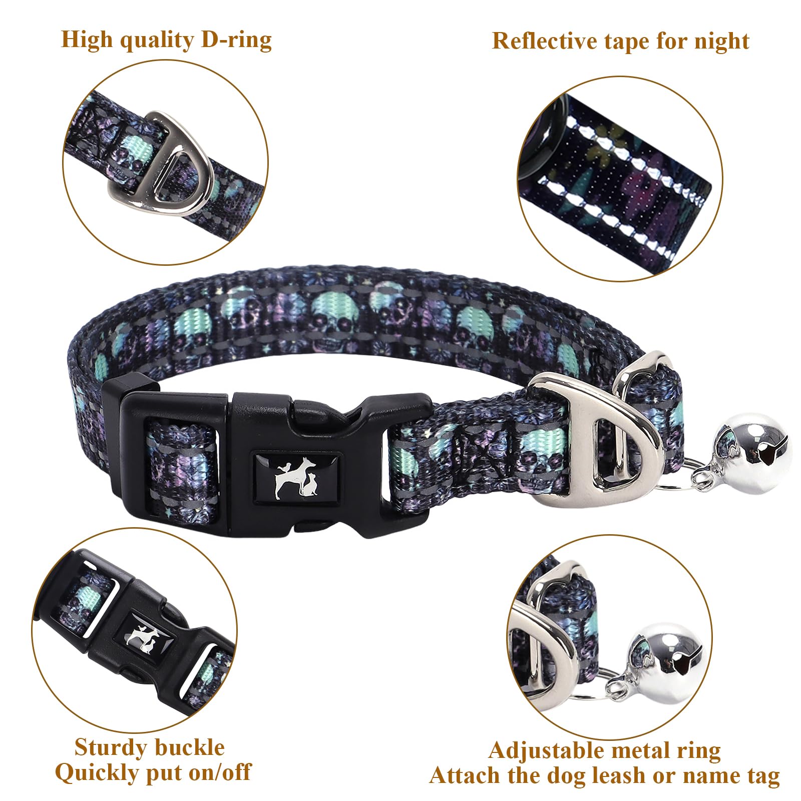 Xs Dog Collar With Bell - Soft Adjustable Nylon Collar For Small Breeds, Skull Pattern Reflective Collar For Chihuahua Pomerania