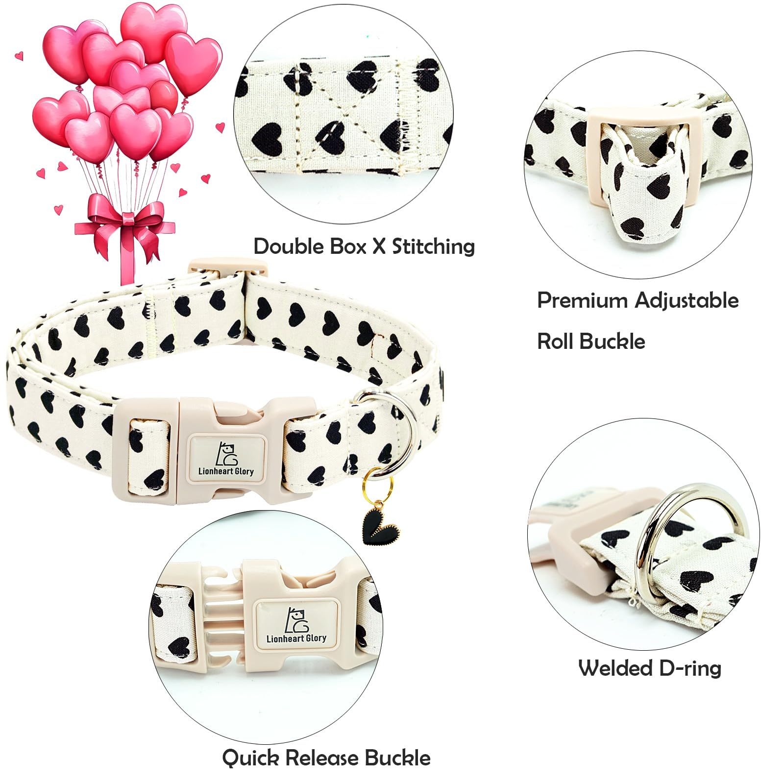 Lionheart Glory Valentine Collar-Hearts Print Dog Collar For X-Small Cute Dog Collars Spring Female Male Pet Gift Adjustable Hea