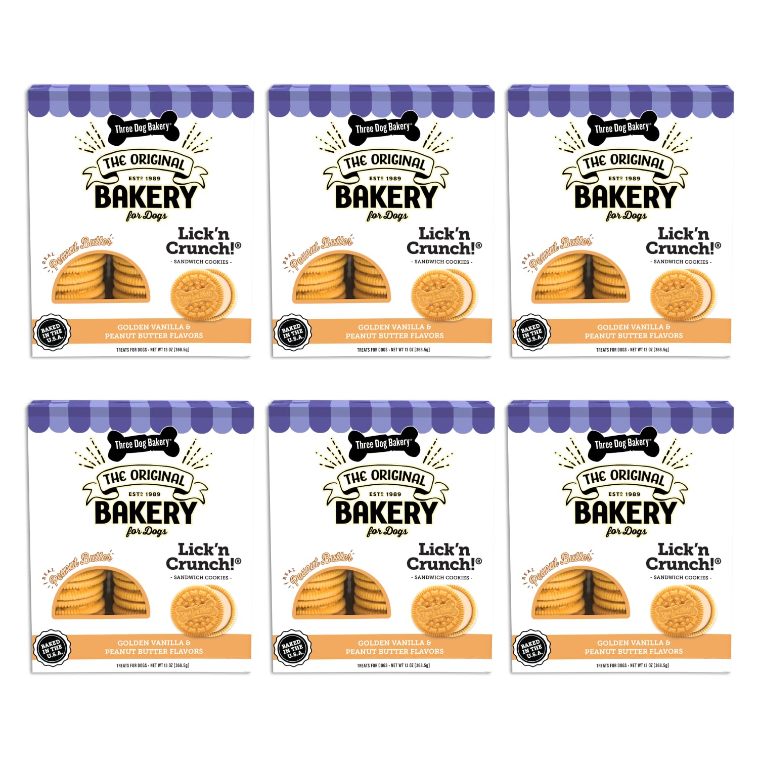 Three Dog Bakery Lickn Crunch Sandwich Cookies Premium Dog Treats with No Artificial Flavors, Golden & Peanut Butter Flavor, 13
