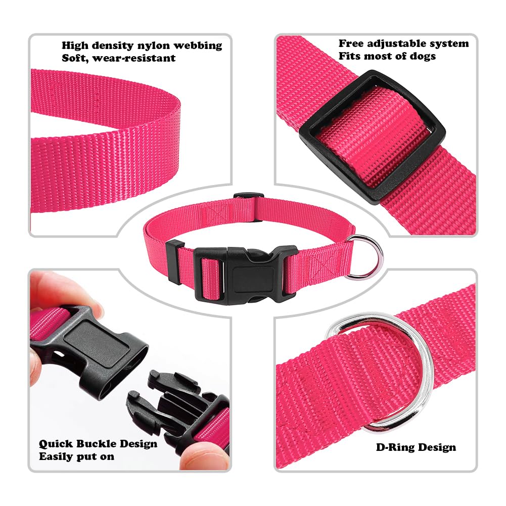 Penseepet Dog Collar Hot Pink Basic Dog Collars With Breathable Quick Release Nylon Pet Collar For Puppy Small Medium Large Dogs