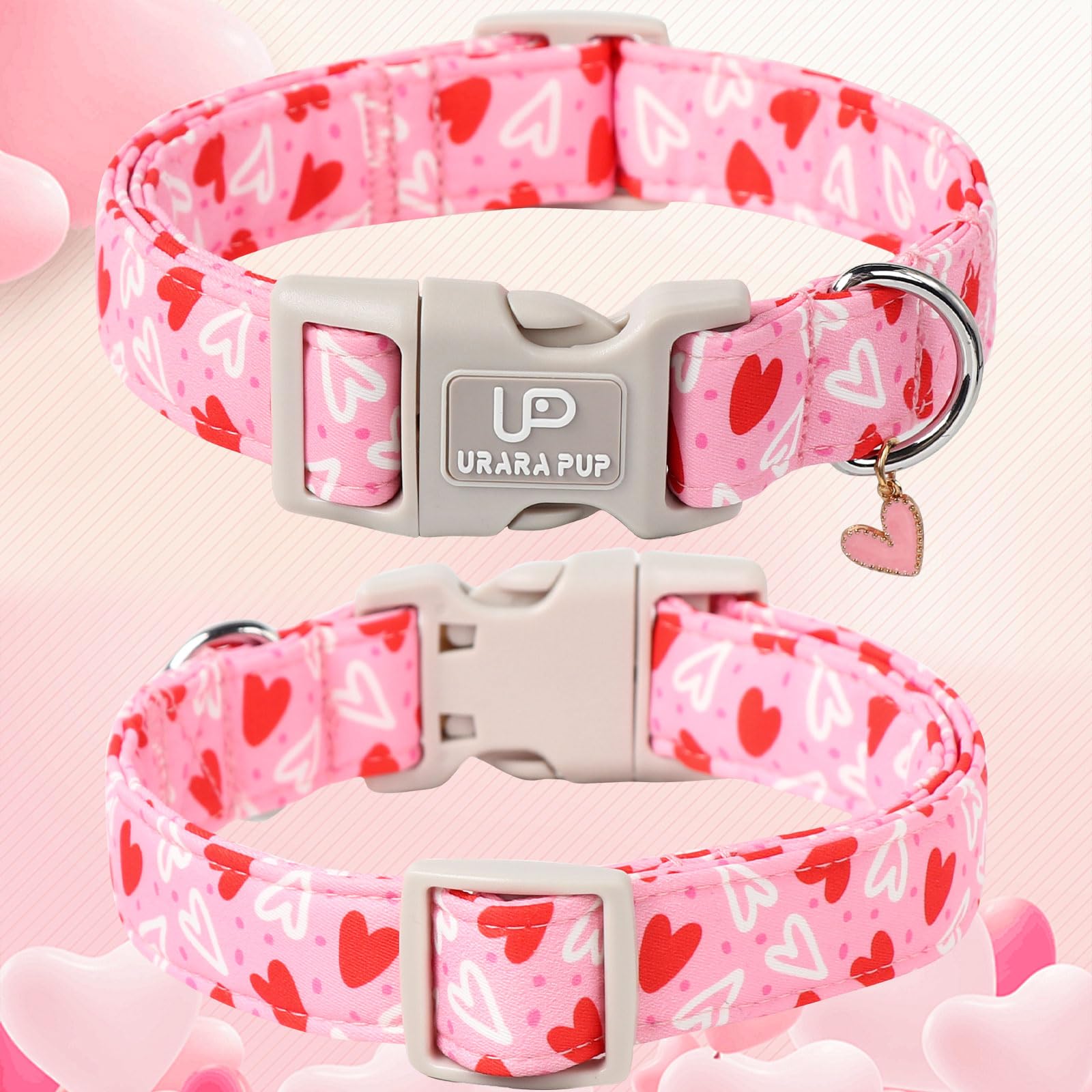 Up Urara Pup Valentines Dog Collar, Pink Heart Dog Collar With Quick Release, Valentines Gift Pet Girl Boy Dog Collar For Puppy