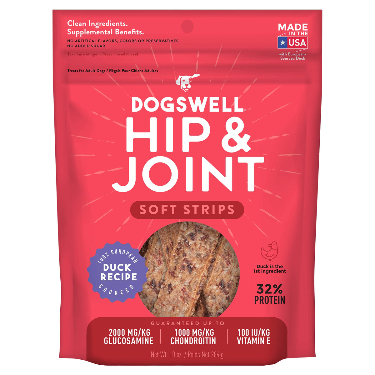 Dogswell Hip & Joint Dog Treats 100% Meaty, Grain Free, Glucosamine Chondroitin & Omega 3, Duck Soft Strips 10 Oz