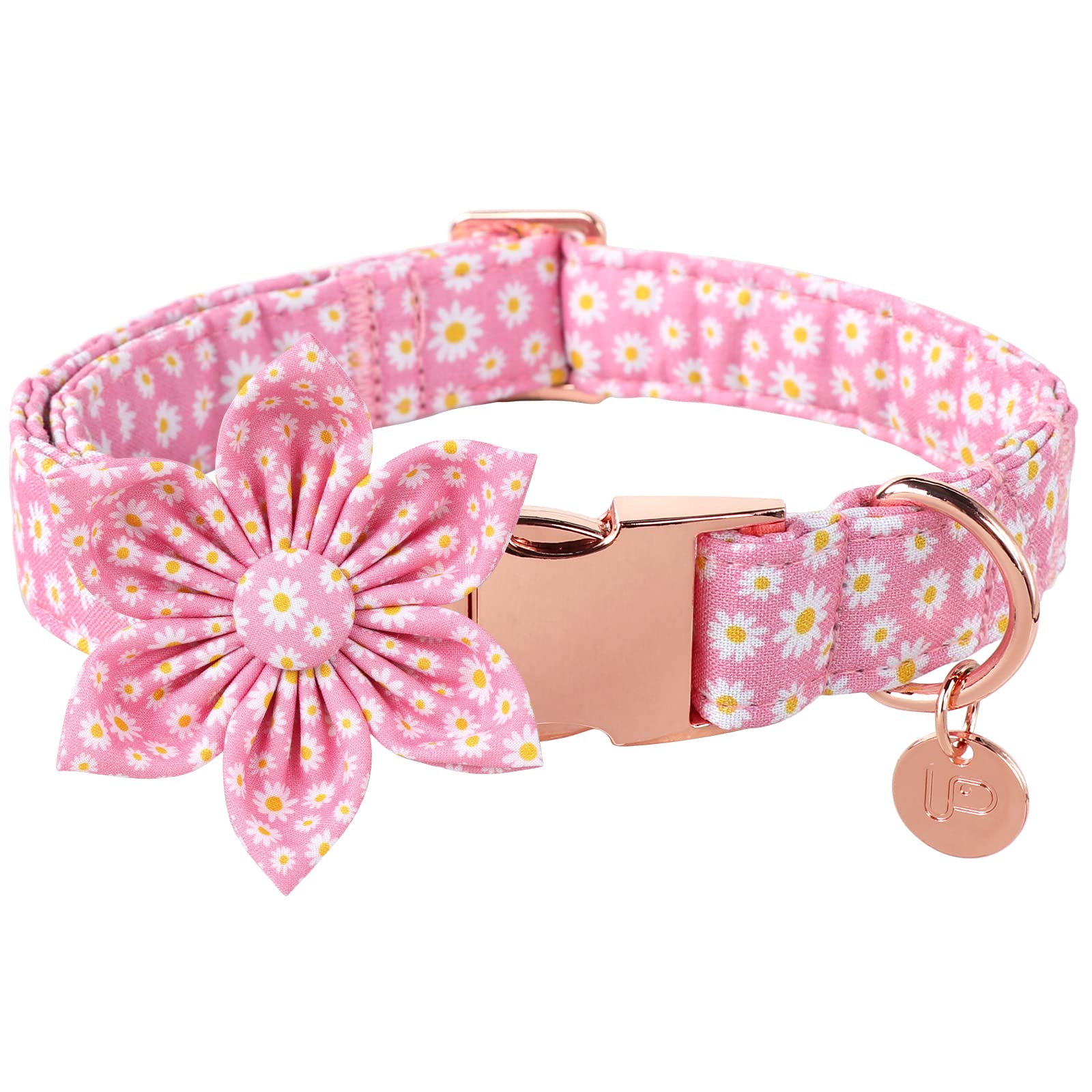 Up Urara Pup Summer Dog Collar With Pink Daisy Flower, Medium, Pink, Cotton, Buckle Closure