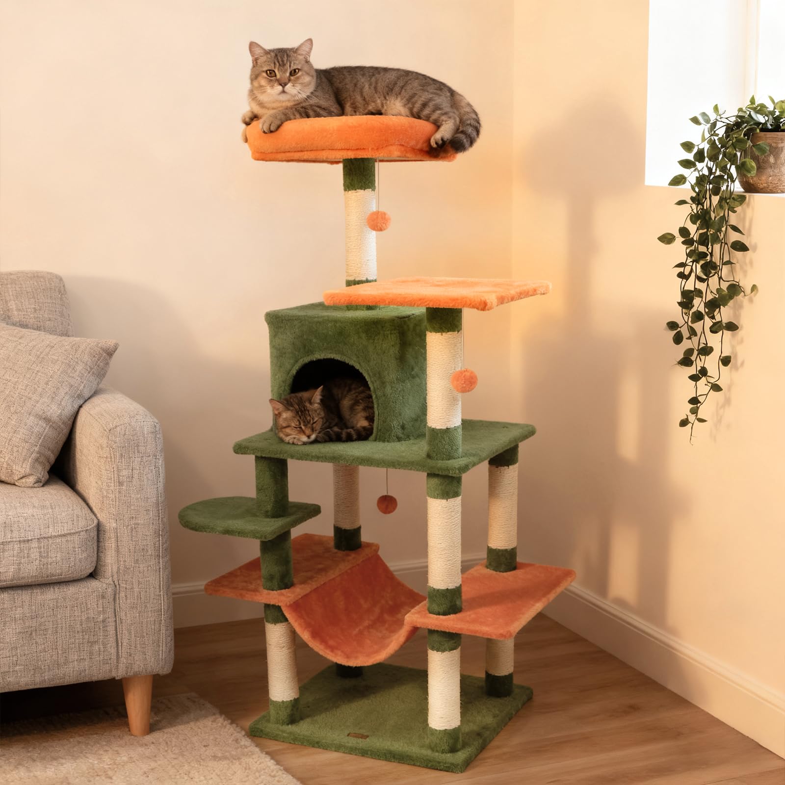 DORTALA Cat Tree for Indoor Cats, 58 Tall Cat Tower with Top Perch, Condo, Hammock, Sisal Scratching Posts, 3 Dangling Balls, Pl