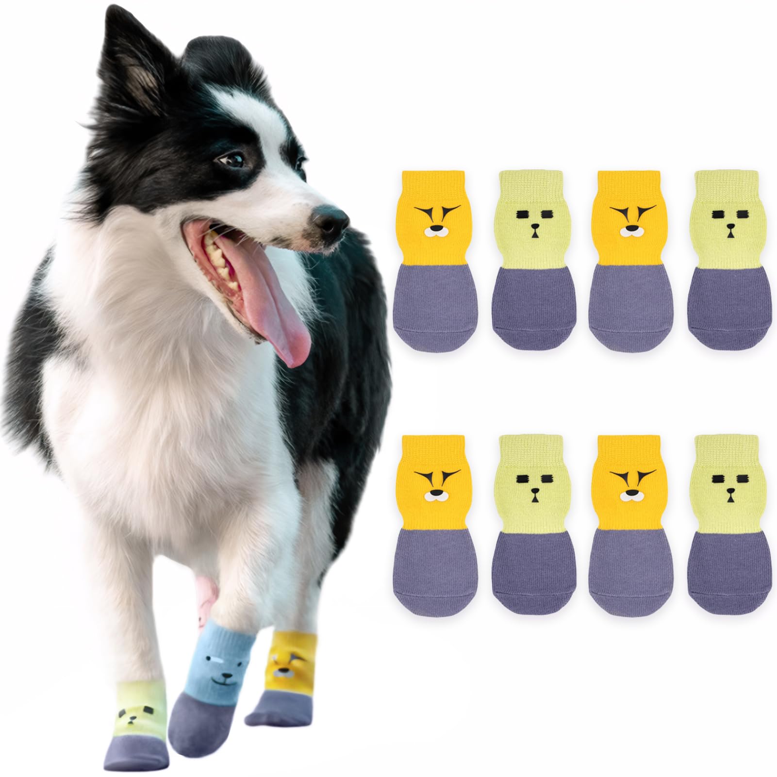 Paipeper 4 Pairs Anti-Slip Dog Socks,Prevent Licking, Paw Protector,Traction Control Indoor For Small Medium Dogs(Green+Yellow-X