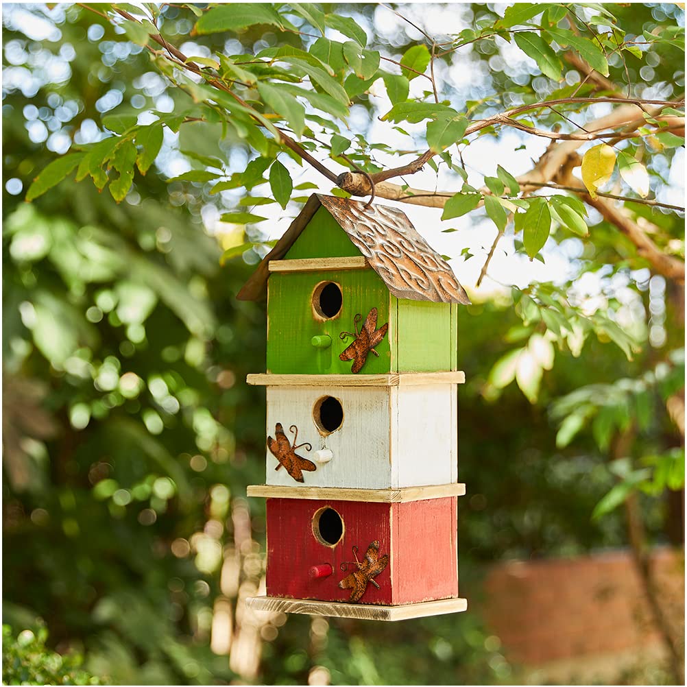 Glitzhome 13.75  H Multicolored Three-Tiered Distressed Solid Wood Birdhouse Garden Hanging Bird House for Outdoors