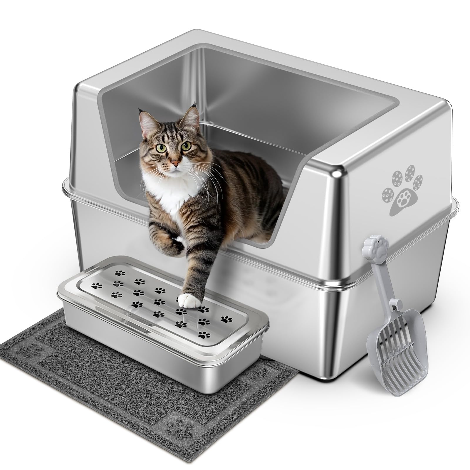 Stainless Steel Cat Litter Box With Lid, Metal Litter Box With 11.8'' High Sides, Cat Litter Pan For Big & Multiple Cats, Kitten