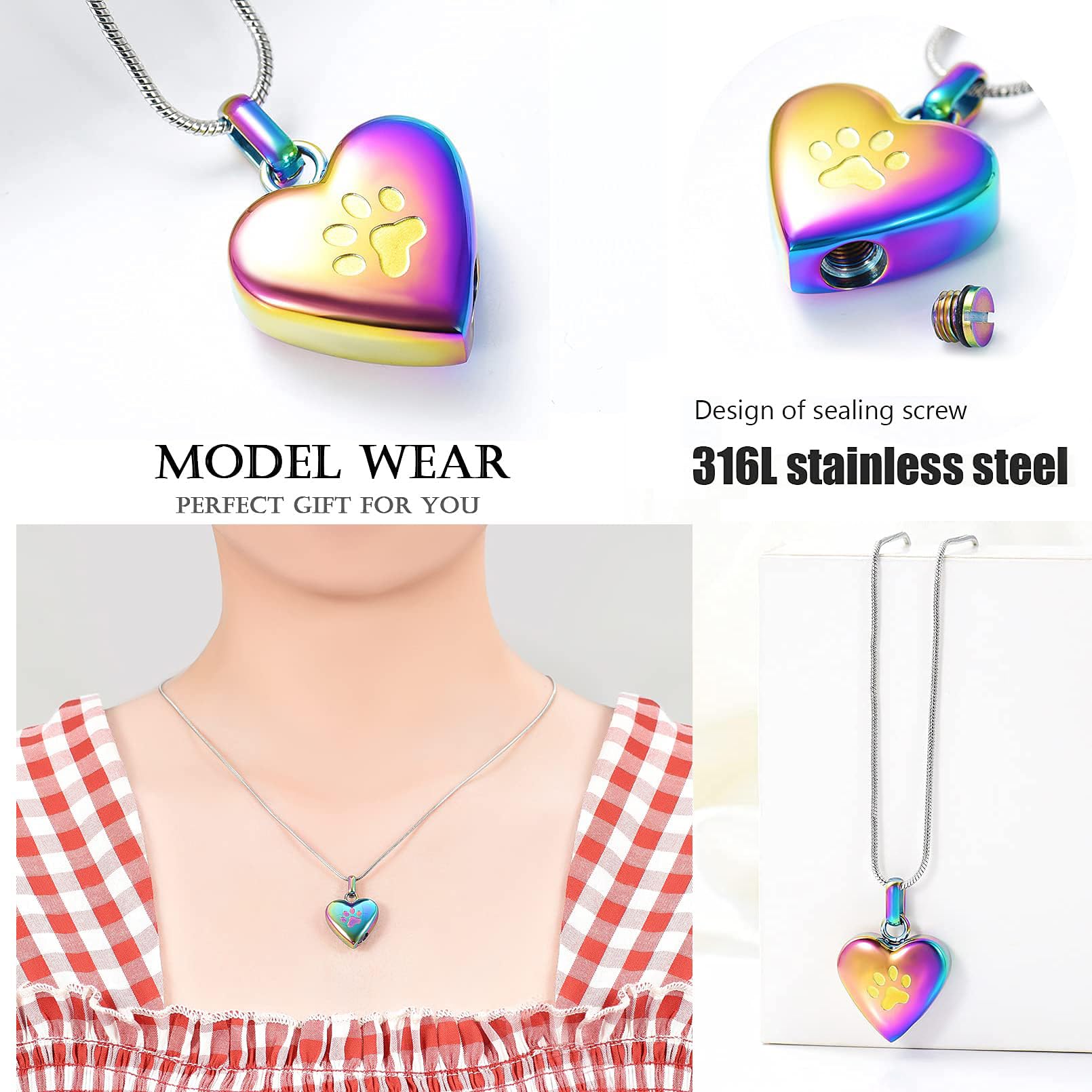 Zeqingjw Pet Cremation Jewelry - Paw Print & Heart Urn Pendant Necklace Memorial Keepsake For Dog'S & Cat'S Ashes (Colorful-1)