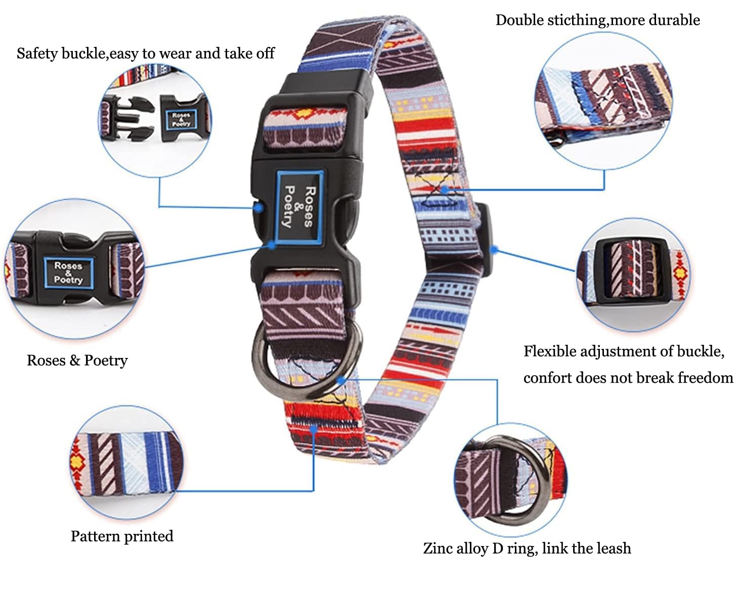 Roses&Poetry Dog Collar With Colourful Stripe Patterns, Adjustable Durable Puppy Collars For Small Medium Large Dogs (Stripe-S)
