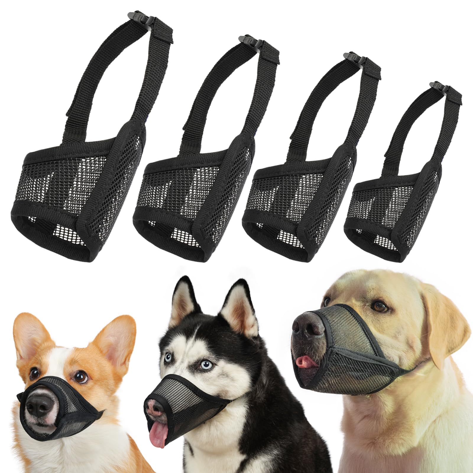 LUCKYPAW Dog Muzzle Suits for Small Medium Large Dogs, Mesh Muzzle Pack Anti Biting Chewing, Breathable Mouth Guard Sets with Ad