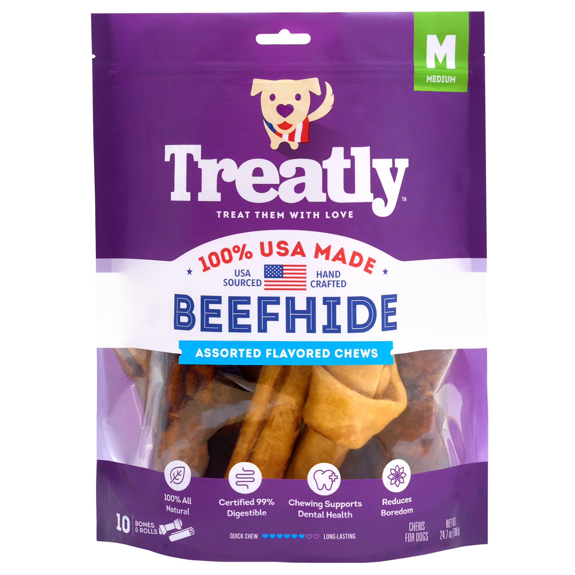Treatly USA Beefhide Medium Assorted Dog Chew Treats - Chicken & Beef Flavor, 10 Count/1 Pack