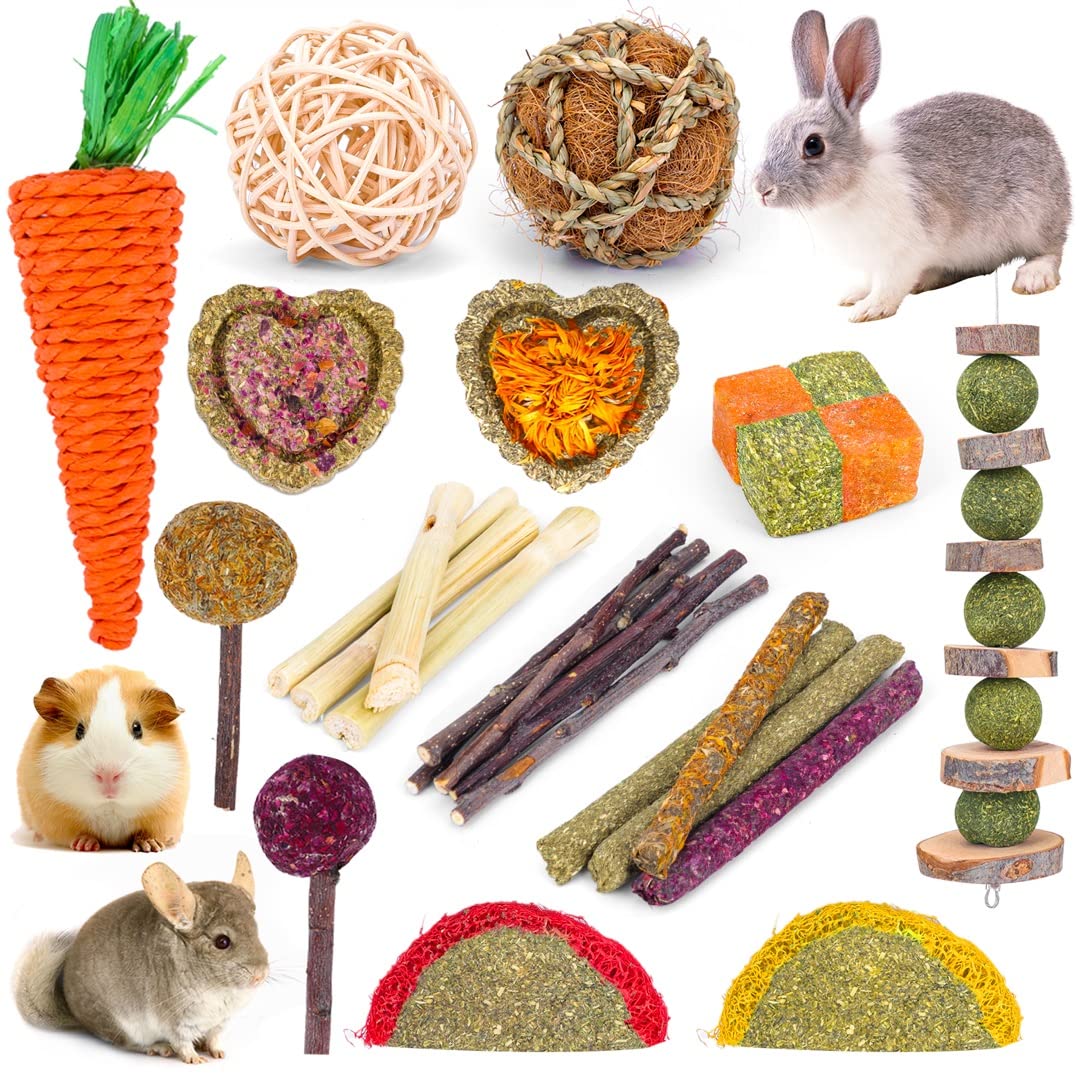 VESPRO Bunny Teys for Rabbits Hamster/Guinea Pig Toys Natural Timothy Hay Sticks chew Treats and Balls for Rabbit, Bunny, chineh