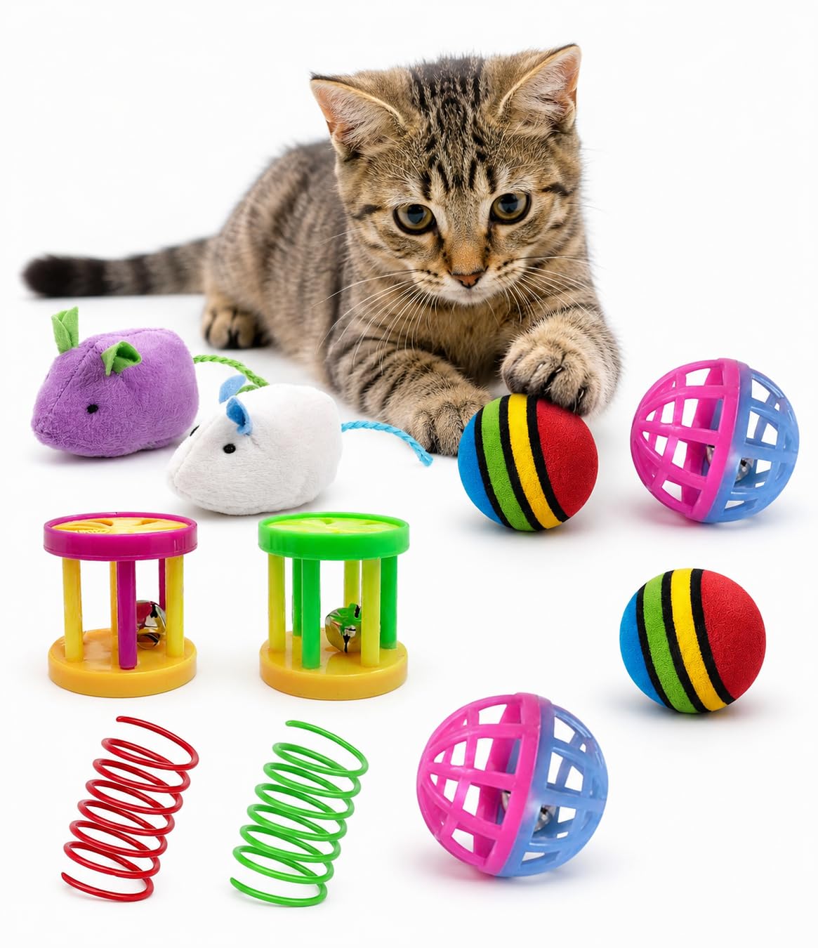Rvpaws Cat Toy Variety Set, Includes Plush Mice, Rainbow Balls, Bell Drums, And Coil Springs, Multicolour, 10 Pieces Pack