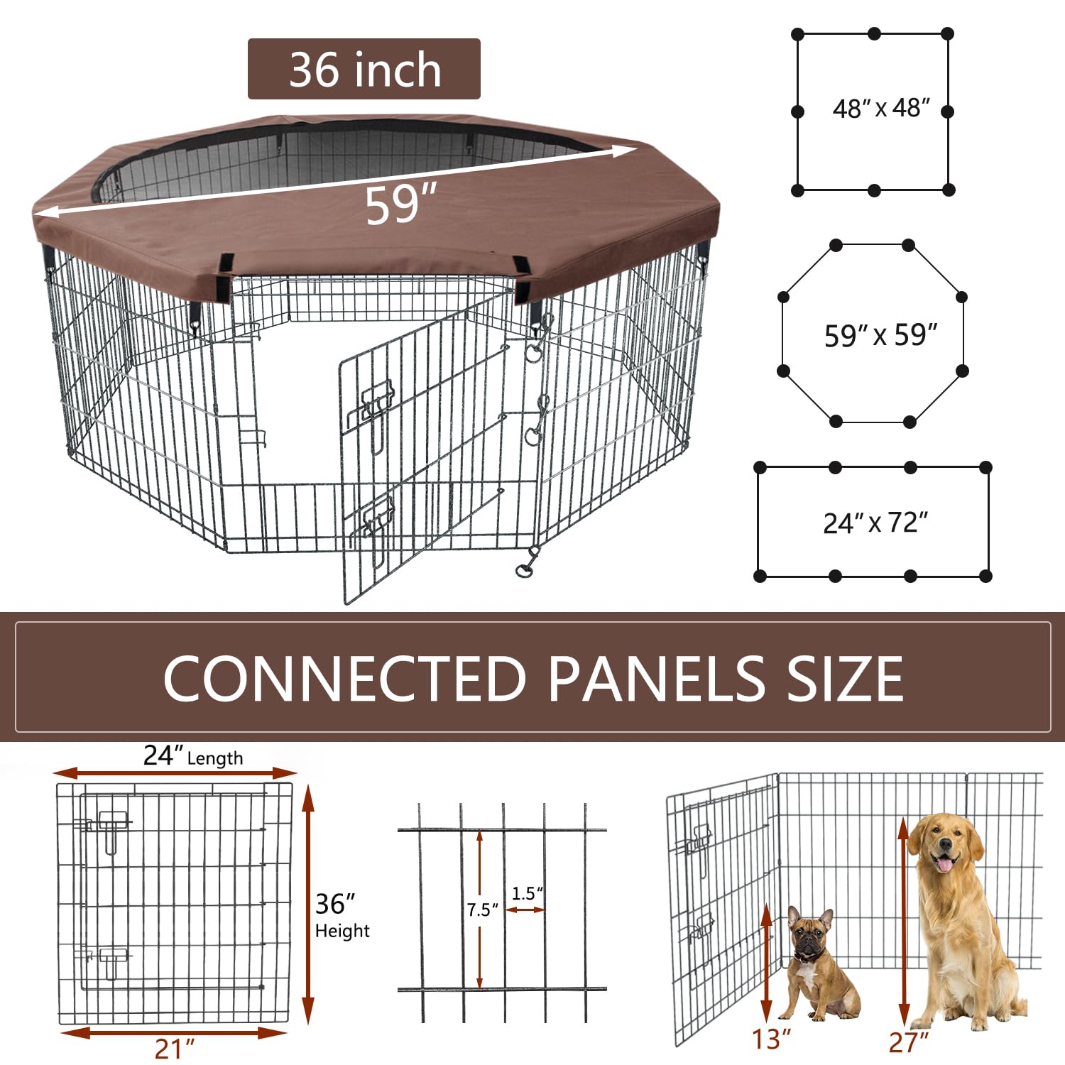 Nezuc Foldable Metal Dog Exercise Playpen Gate Fence Dog Crate 8 Panels 36 Inch Height Puppy Kennels With Top Cover For Animals