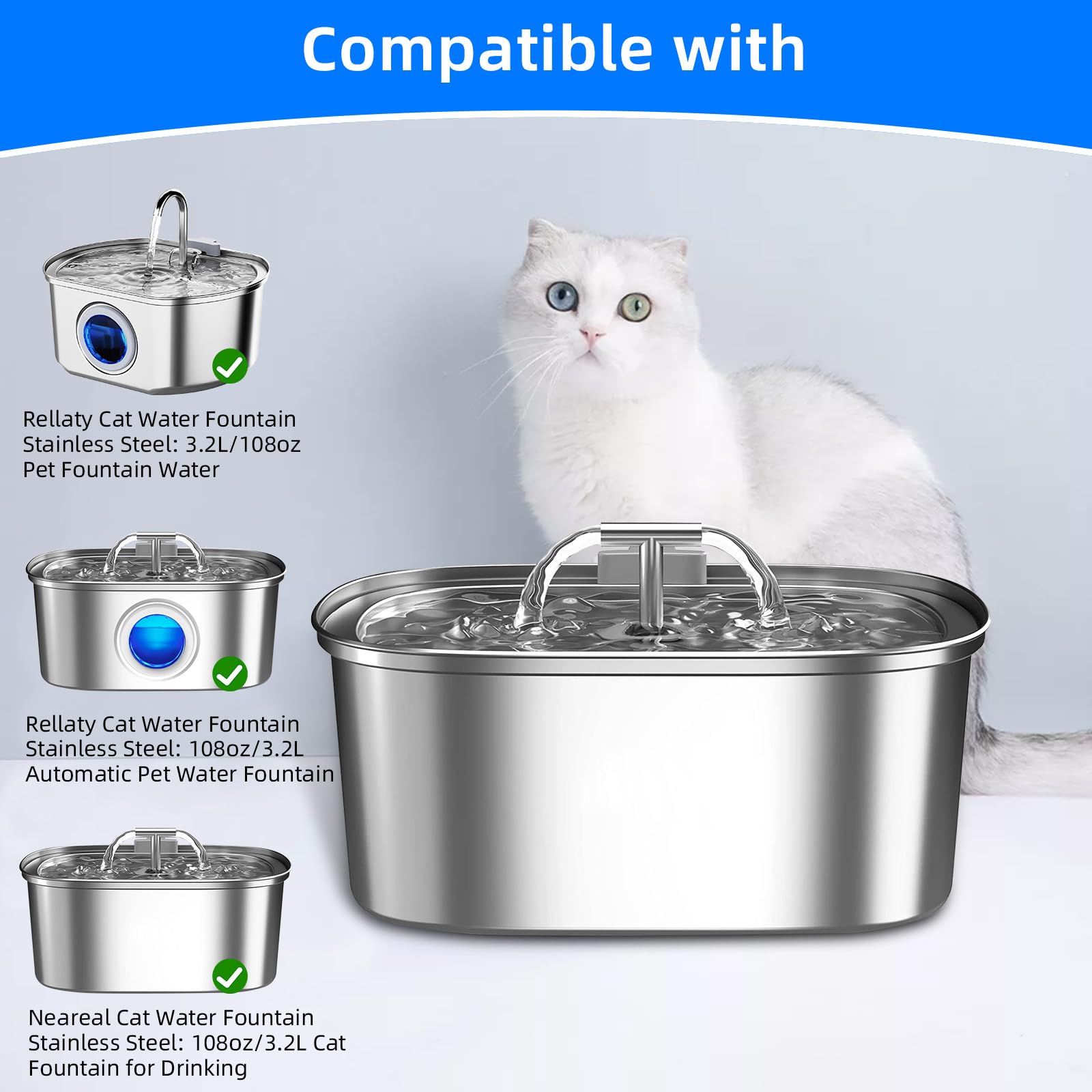 16 Pack Cat Water Fountain Replacement Filters & Pre-Filter Sponges for Rellaty and Neareal 108oz/3.2 Automatic Pet Water Founta