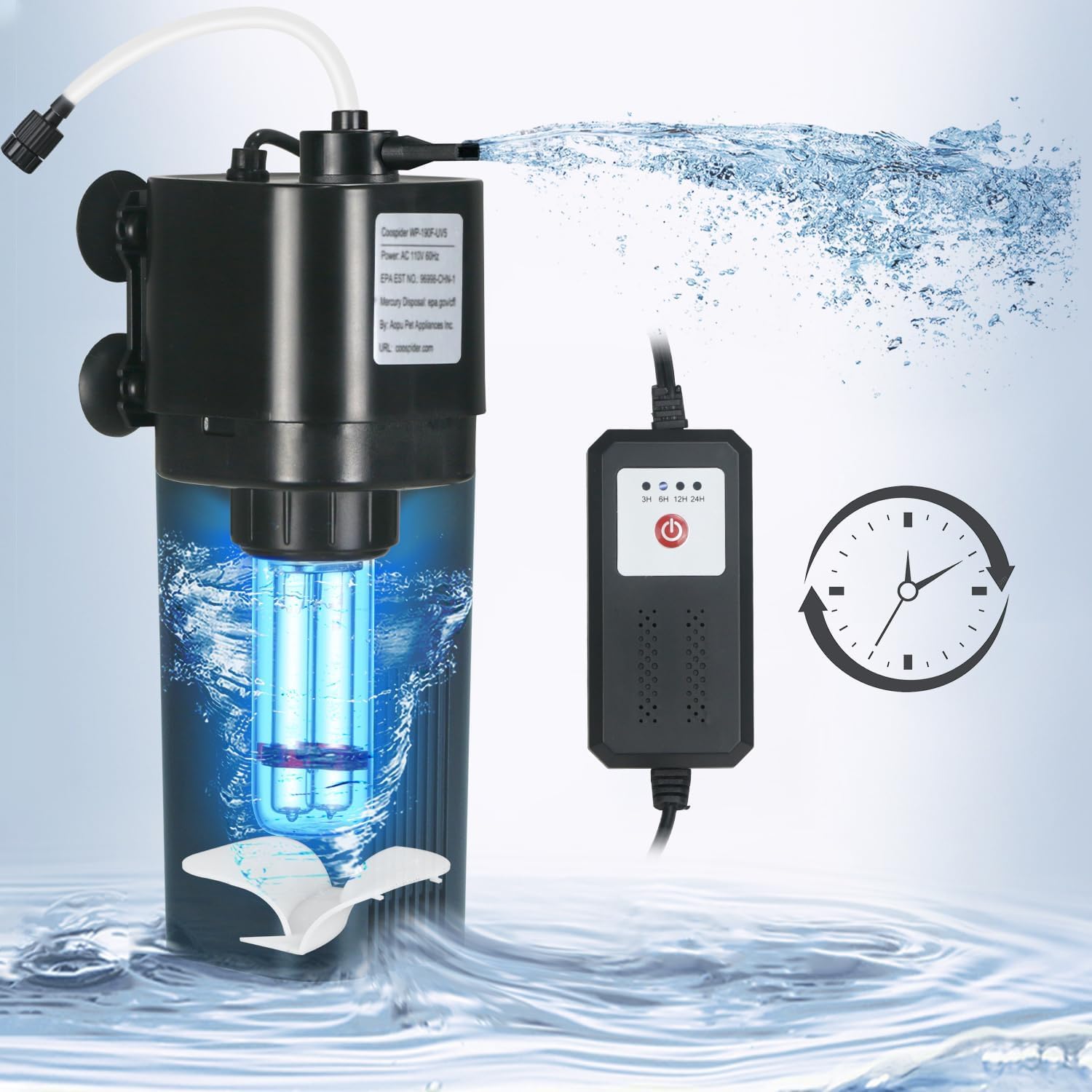 Aquarium U-V Filter For 10-40 Gal, 132 Gph Swirl Turbo Design Submersible Internal Turtle Fish Tank Filter W/Timer, Quiet Power 