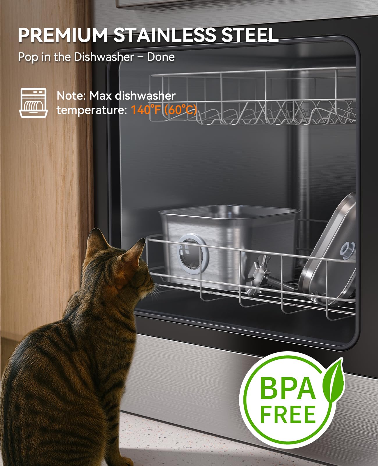 Stainless Steel Cat Water Fountain, 2.8L with 20dB Ultra-Quiet Pump- Ideal for Timid Pets, LED Water Level Window, Dishwasher Sa