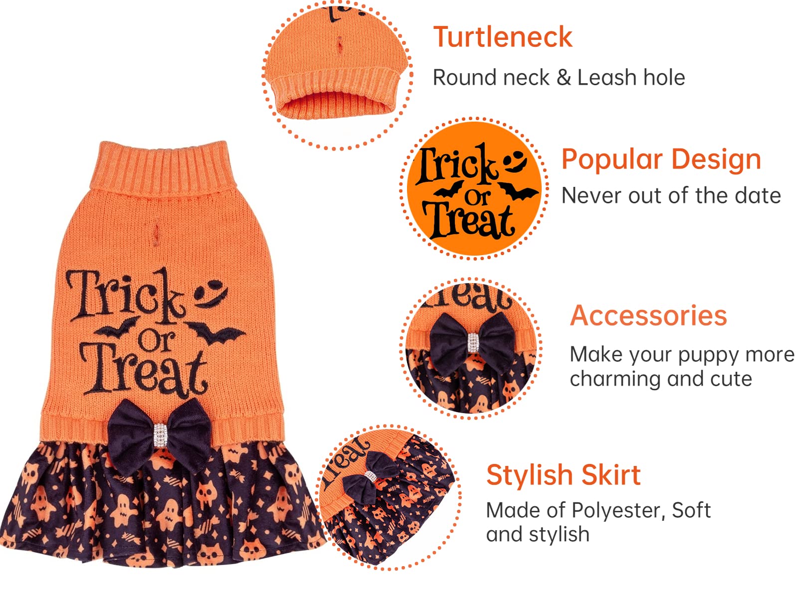 Cutebone Halloween Dog Sweater Dress Trick Or Treat Knit Turtleneck Puppy Sweater With Bowtie Harness Hole Pullover Winter Dress